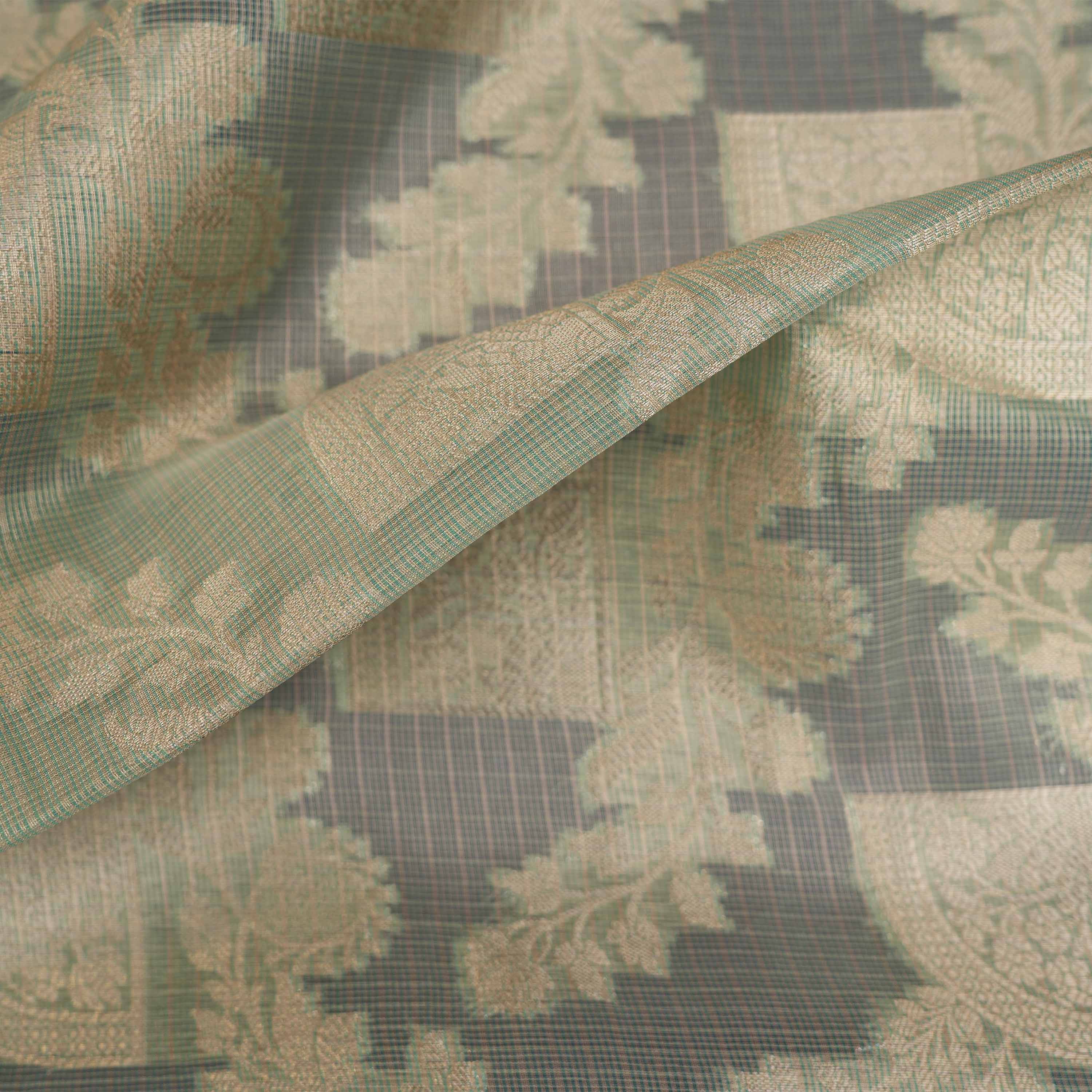 Grayish Green Colorful Floral Jaal Border On Tissue Fabric