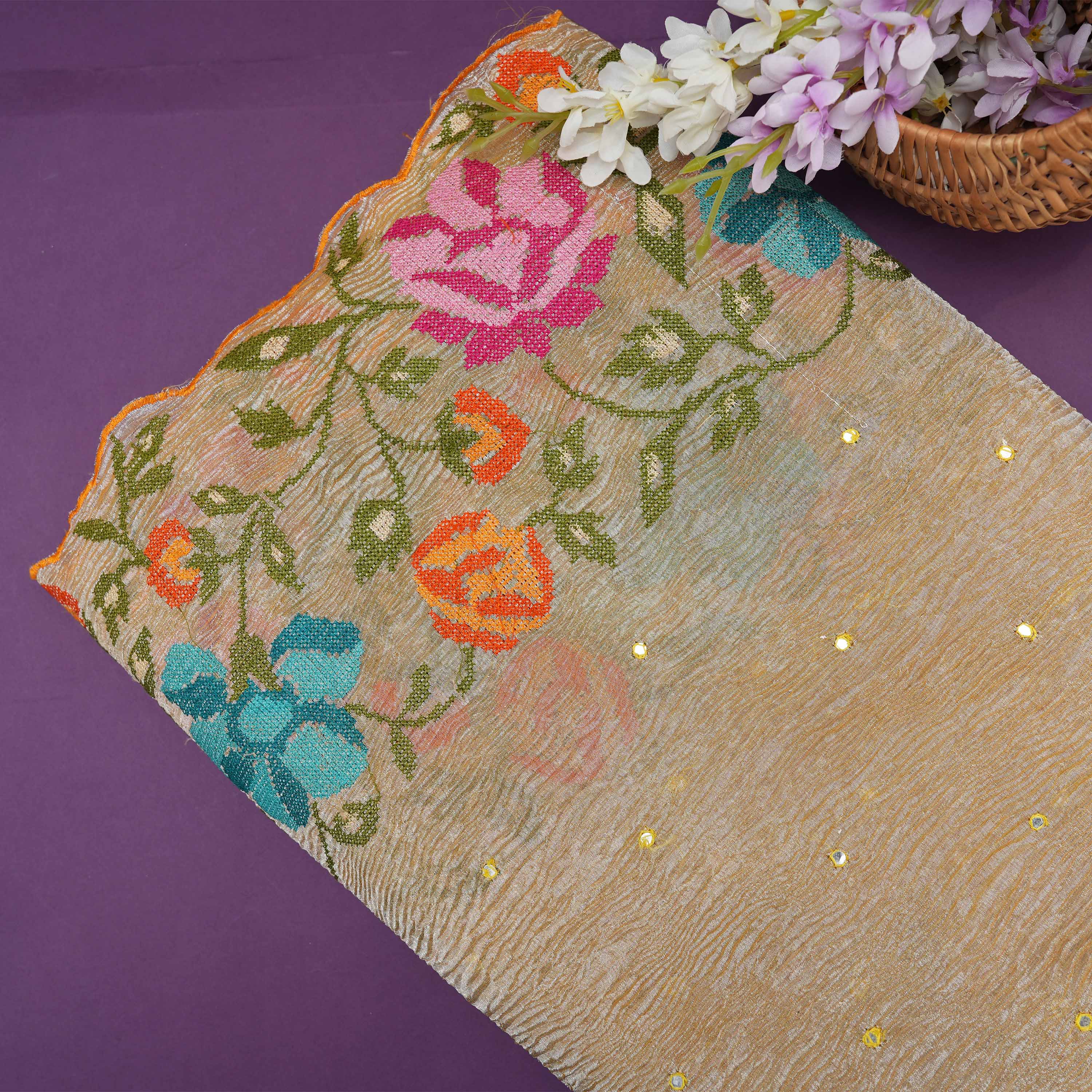 Pale Brown Embroidered Floral Border On Crushed Tissue Fabric