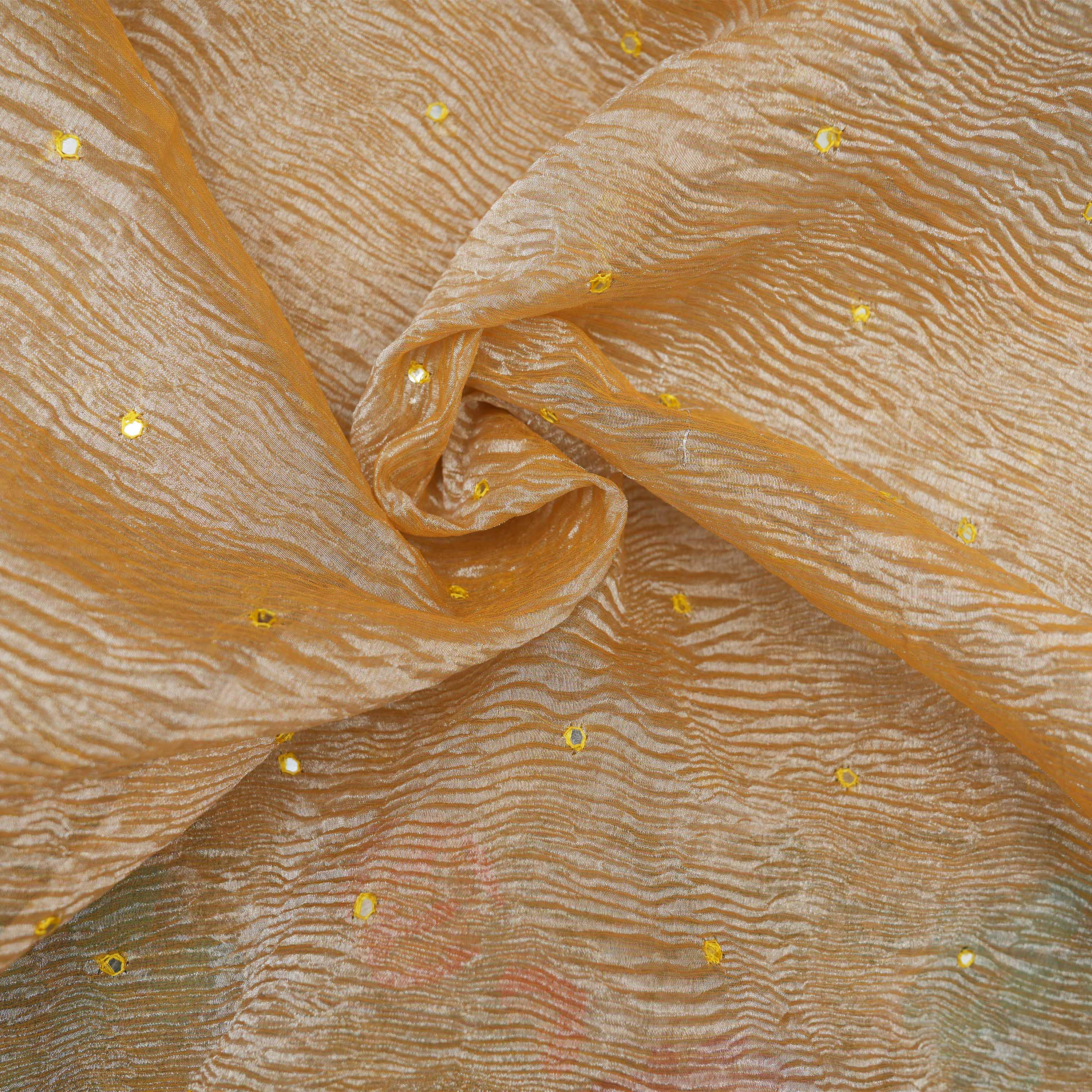 Pale Brown Embroidered Floral Border On Crushed Tissue Fabric