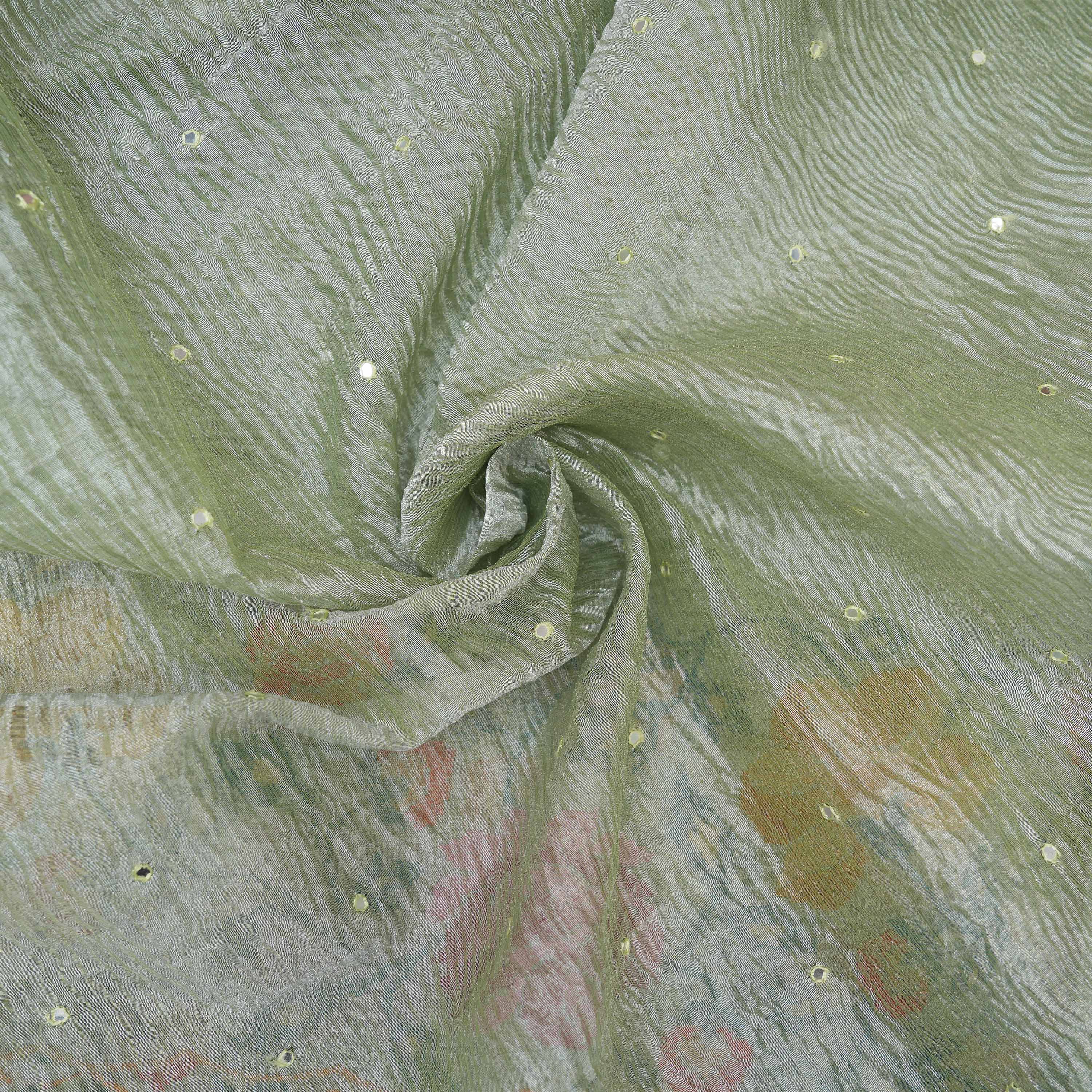 Pale Green Floral Emboidery On Crushed Tissue Fabric