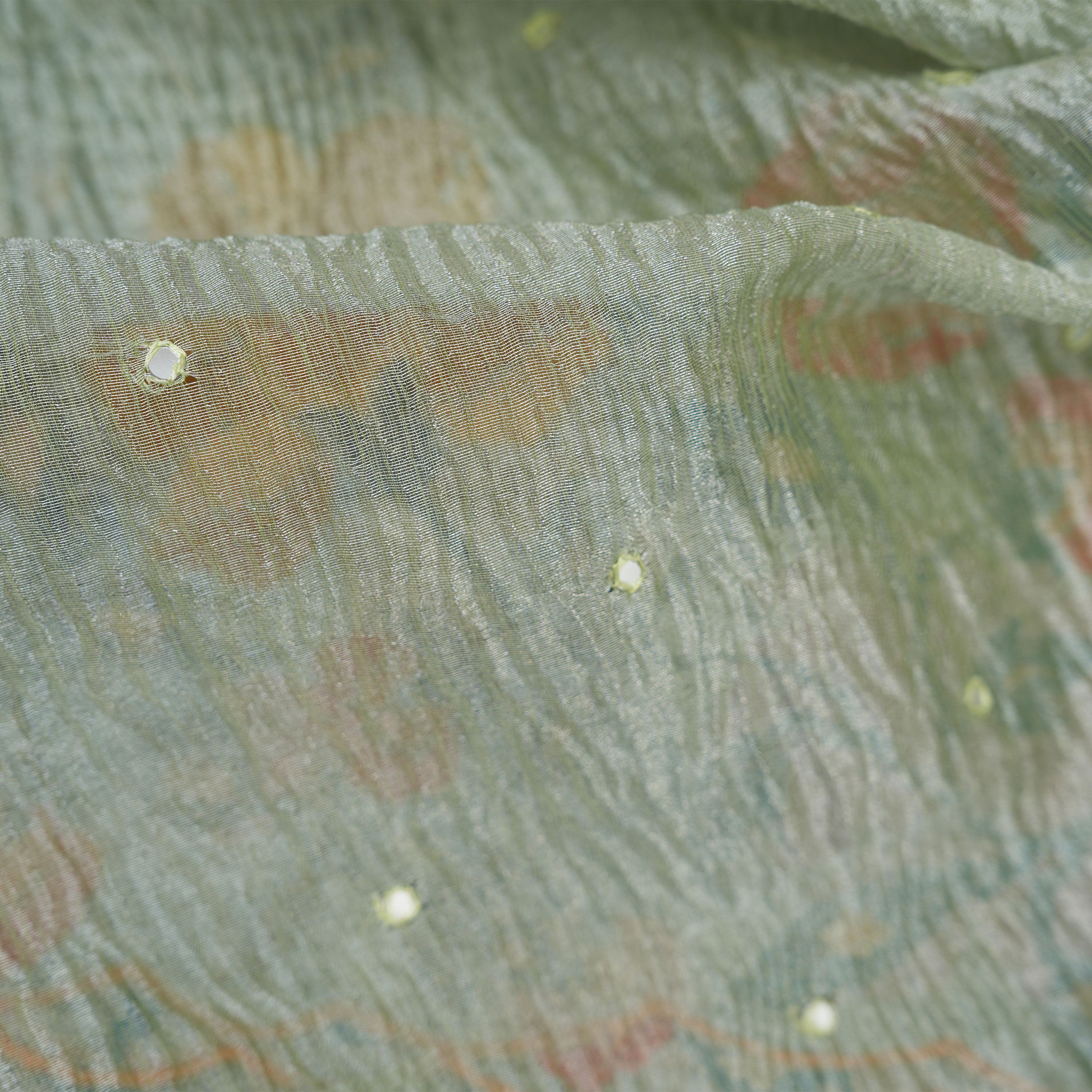 Pale Green Floral Emboidery On Crushed Tissue Fabric