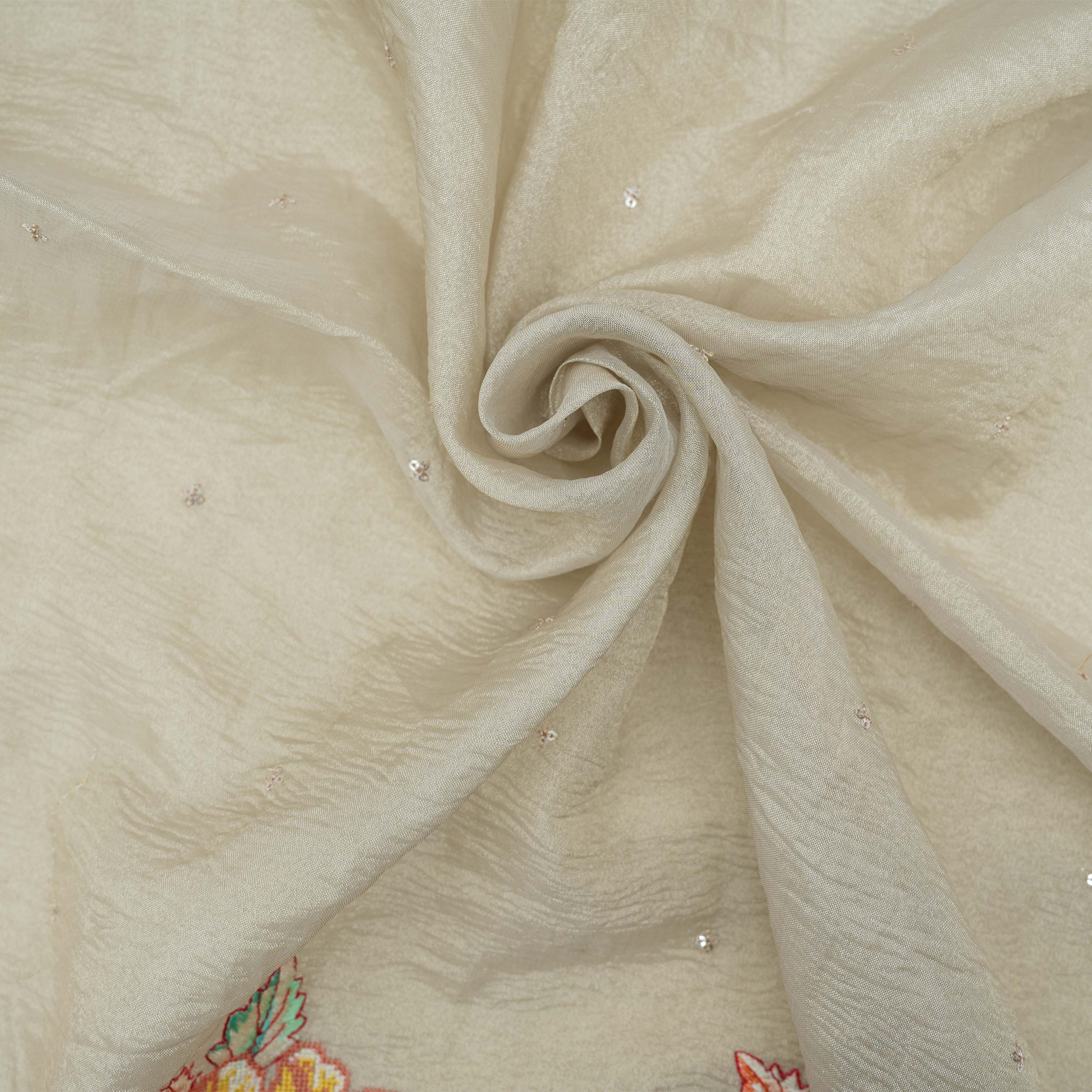 Pale Gray Embroidery With Sequins And Floral Highlights Tissue Fabric