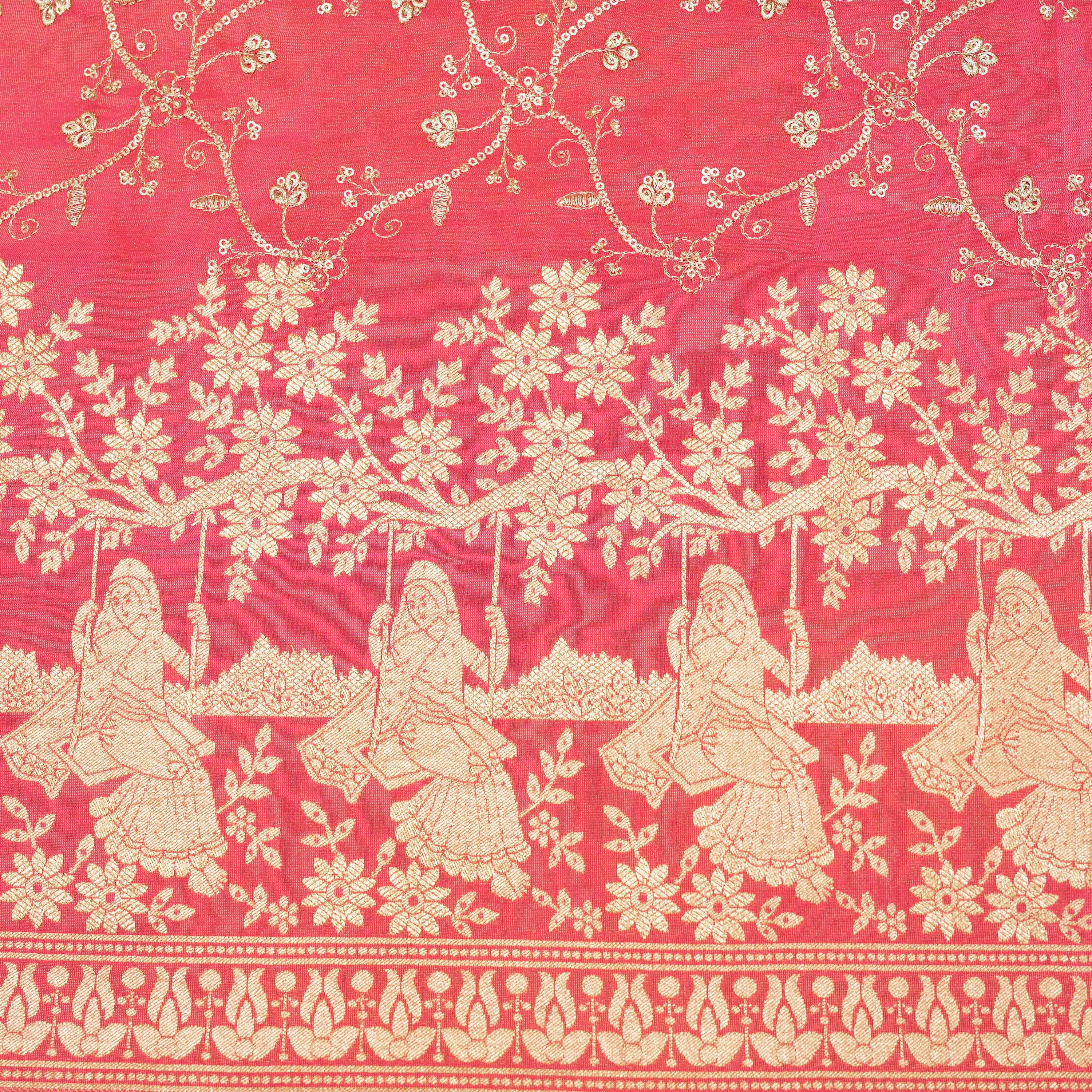 Golden Yellow Zari Swing Motif On Tissue Fabric