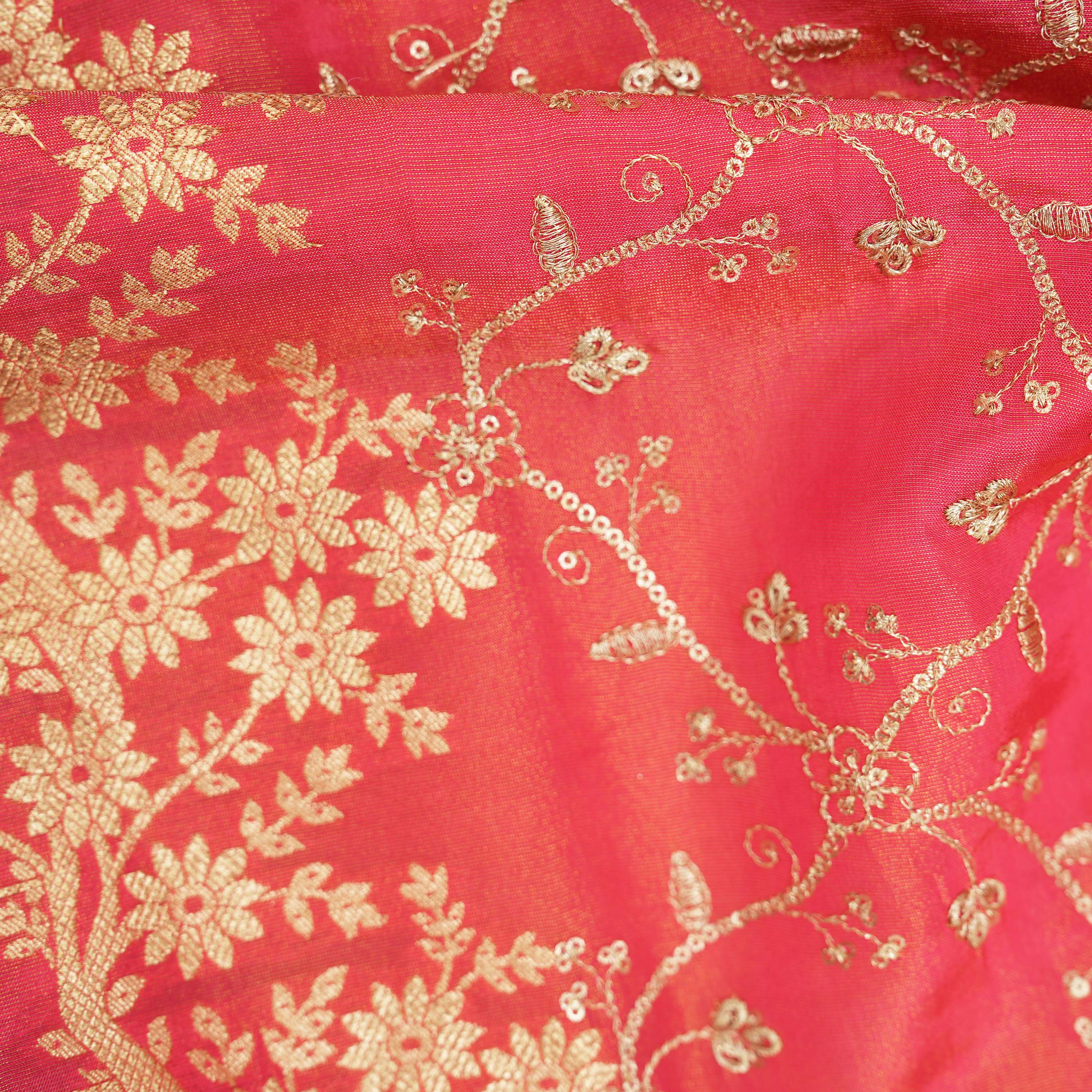 Golden Yellow Zari Swing Motif On Tissue Fabric