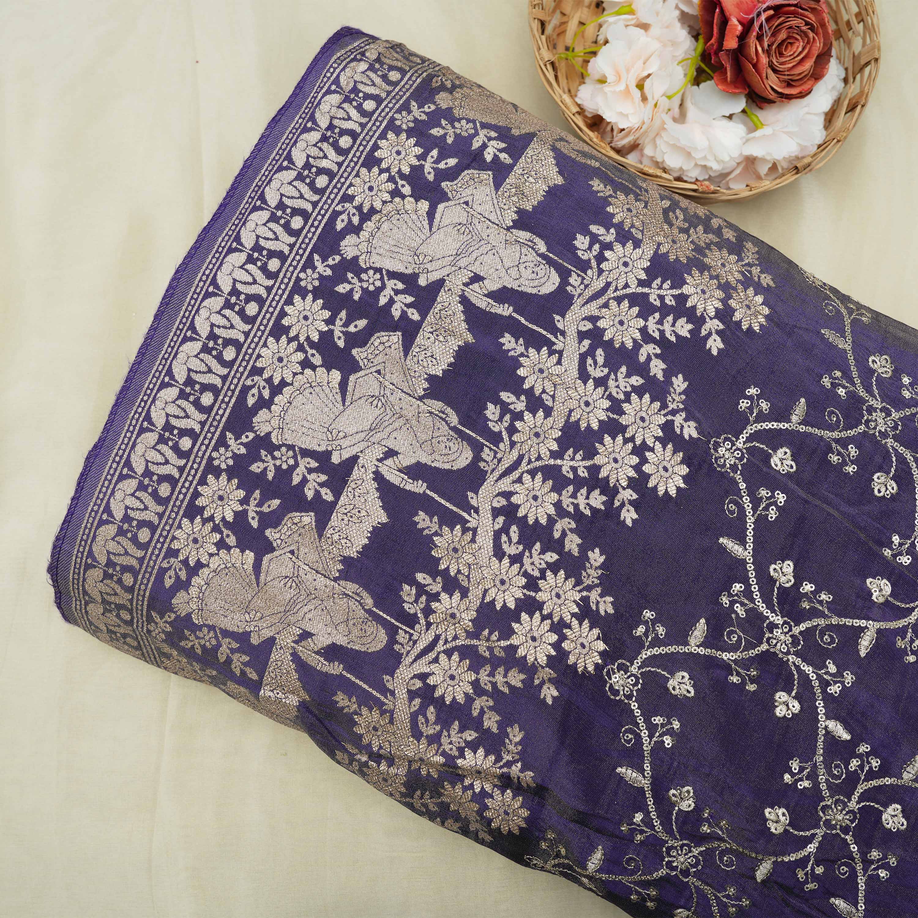 Rhino Purple Floral Zari Embroidered Tissue Fabric