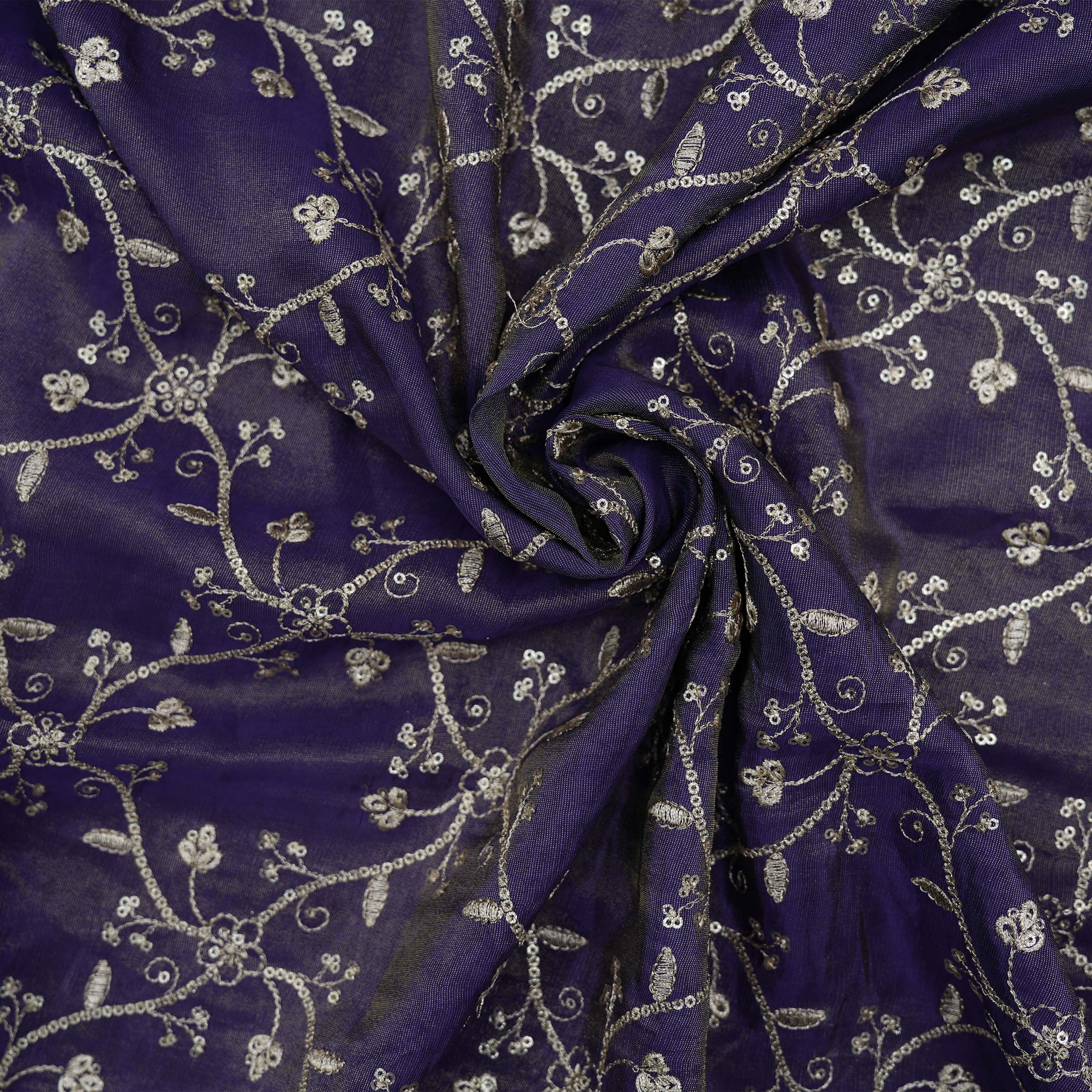 Rhino Purple Floral Zari Embroidered Tissue Fabric