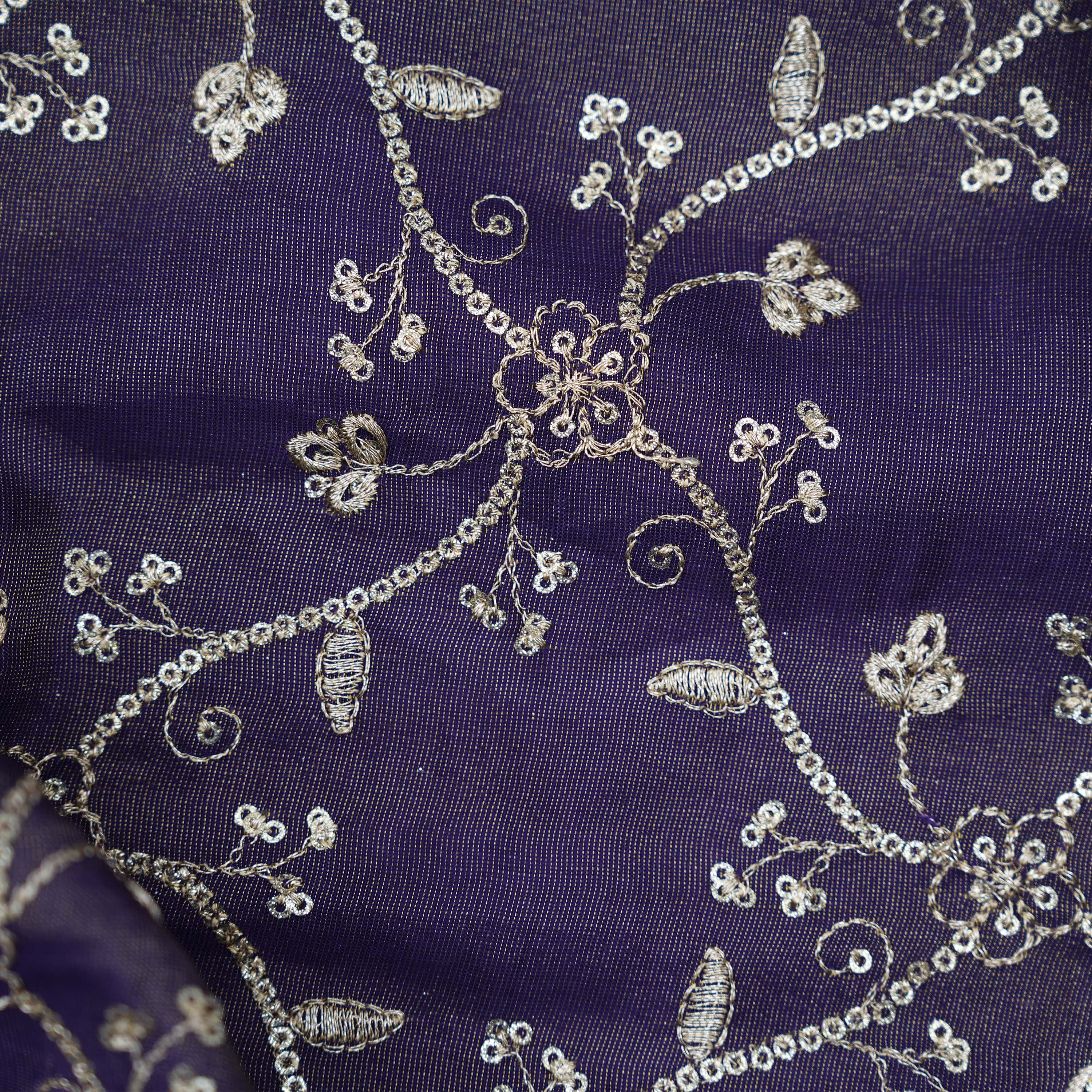 Rhino Purple Floral Zari Embroidered Tissue Fabric