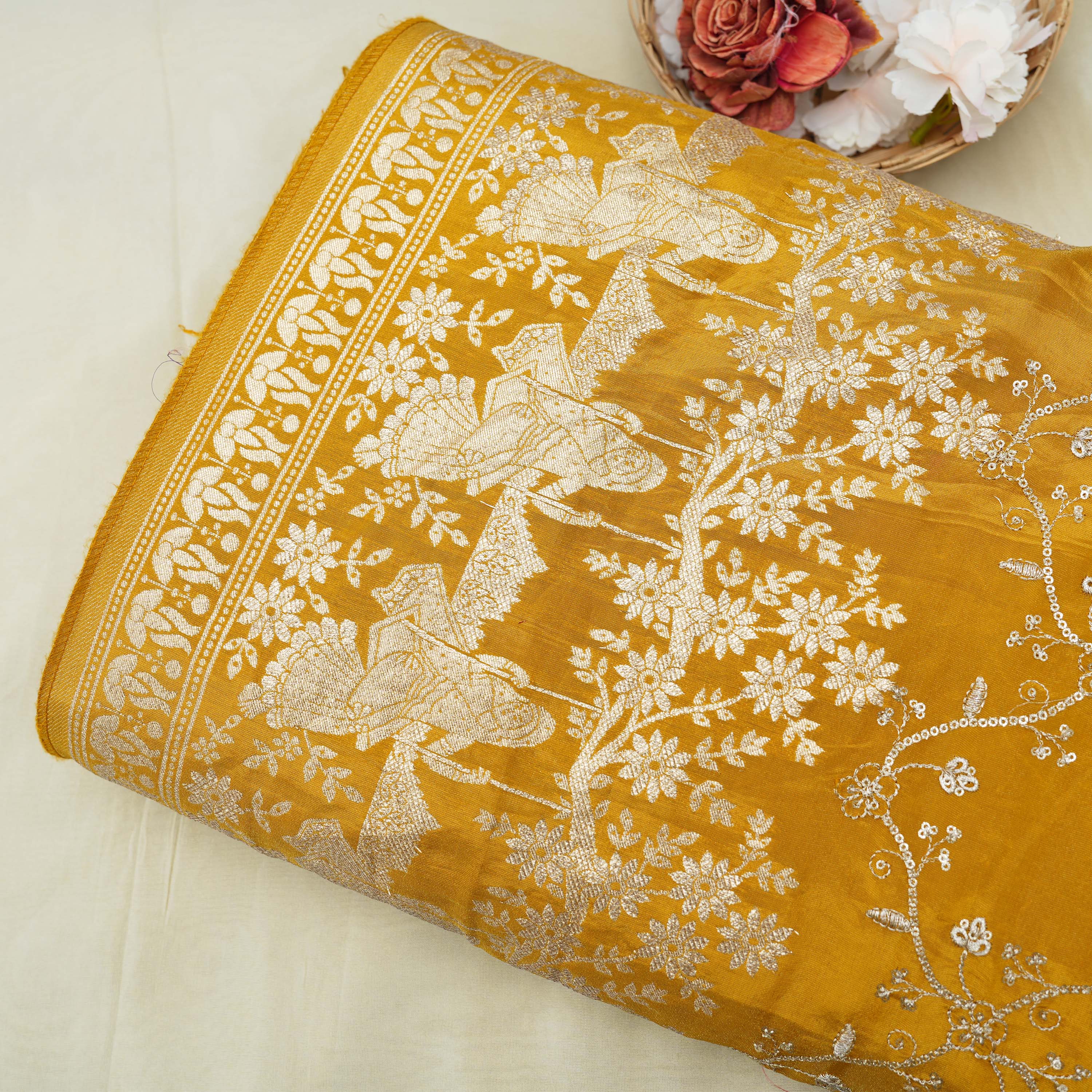 Golden Yellow Floral Zari Embroidered Tissue Fabric