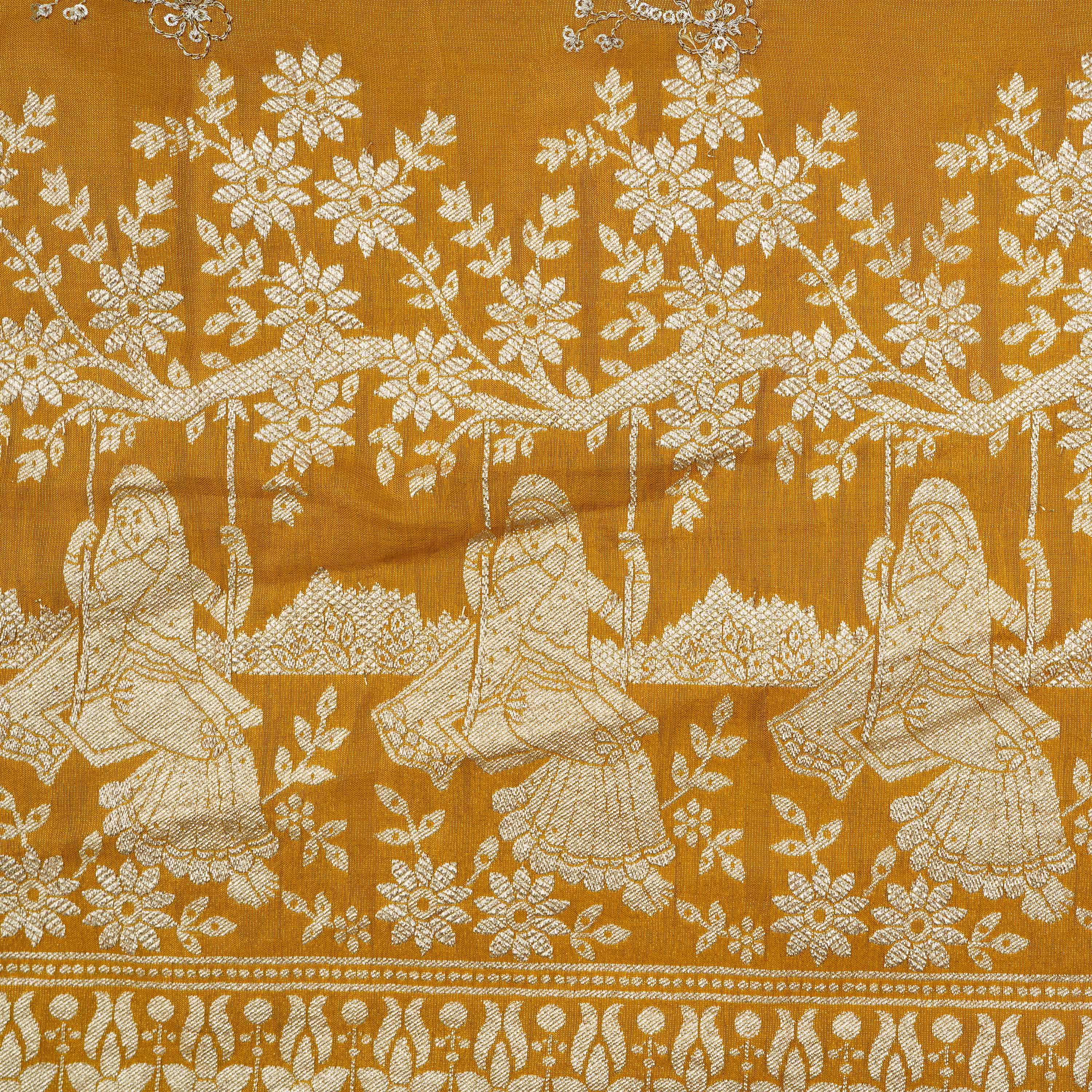 Golden Yellow Floral Zari Embroidered Tissue Fabric