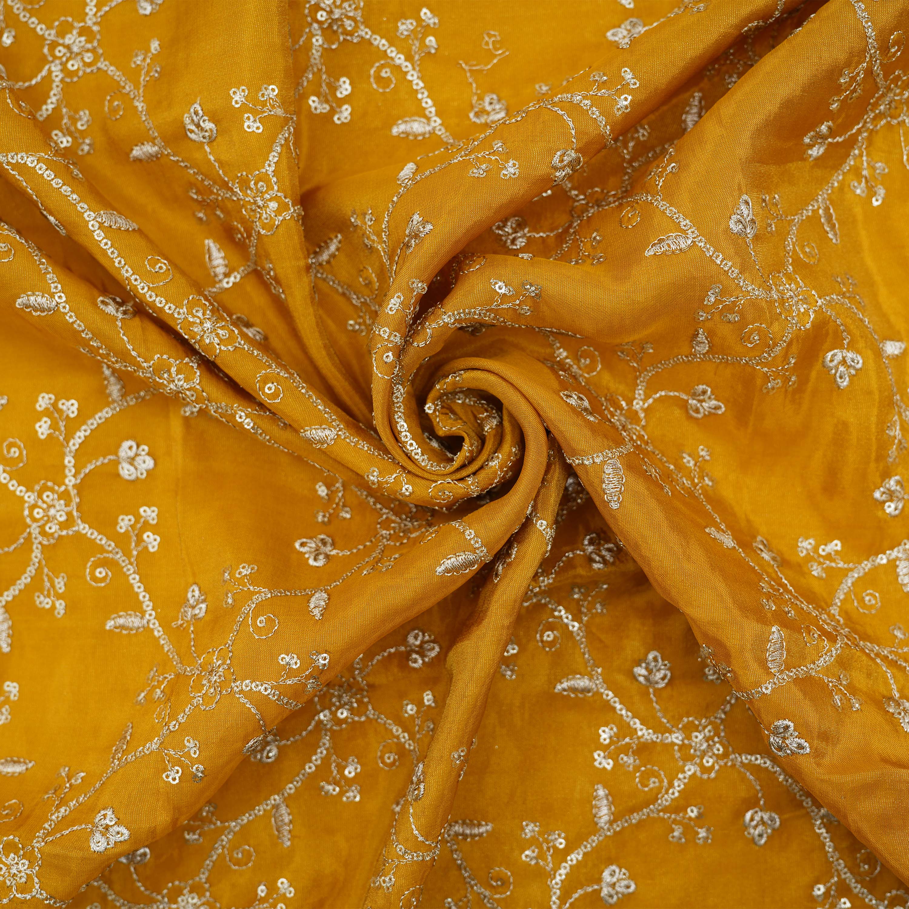 Golden Yellow Floral Zari Embroidered Tissue Fabric