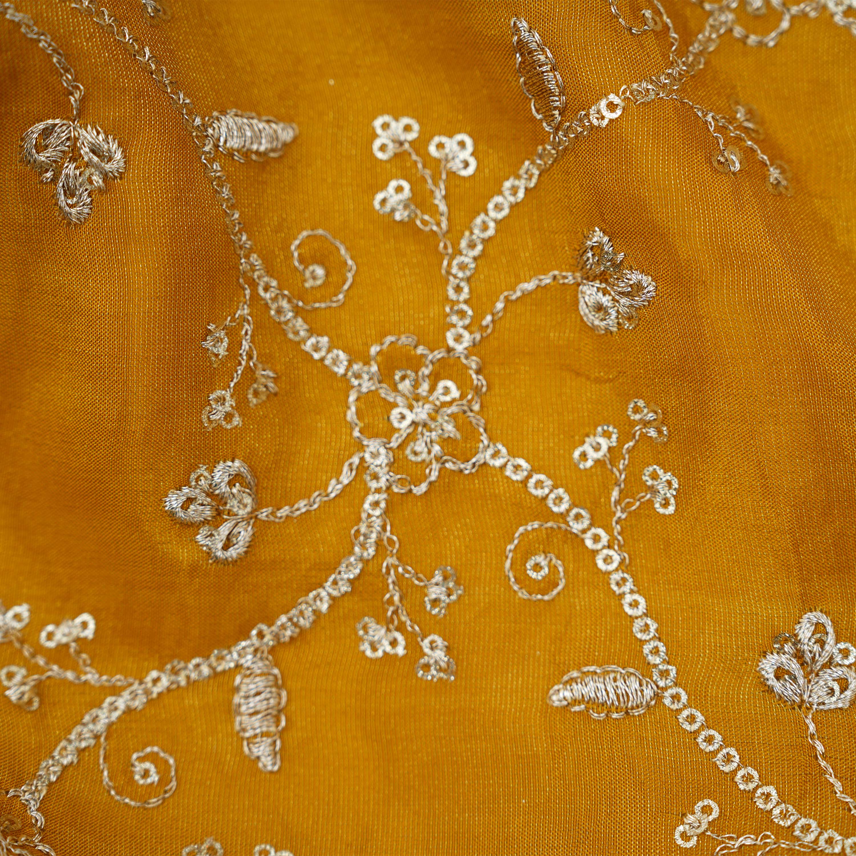 Golden Yellow Floral Zari Embroidered Tissue Fabric