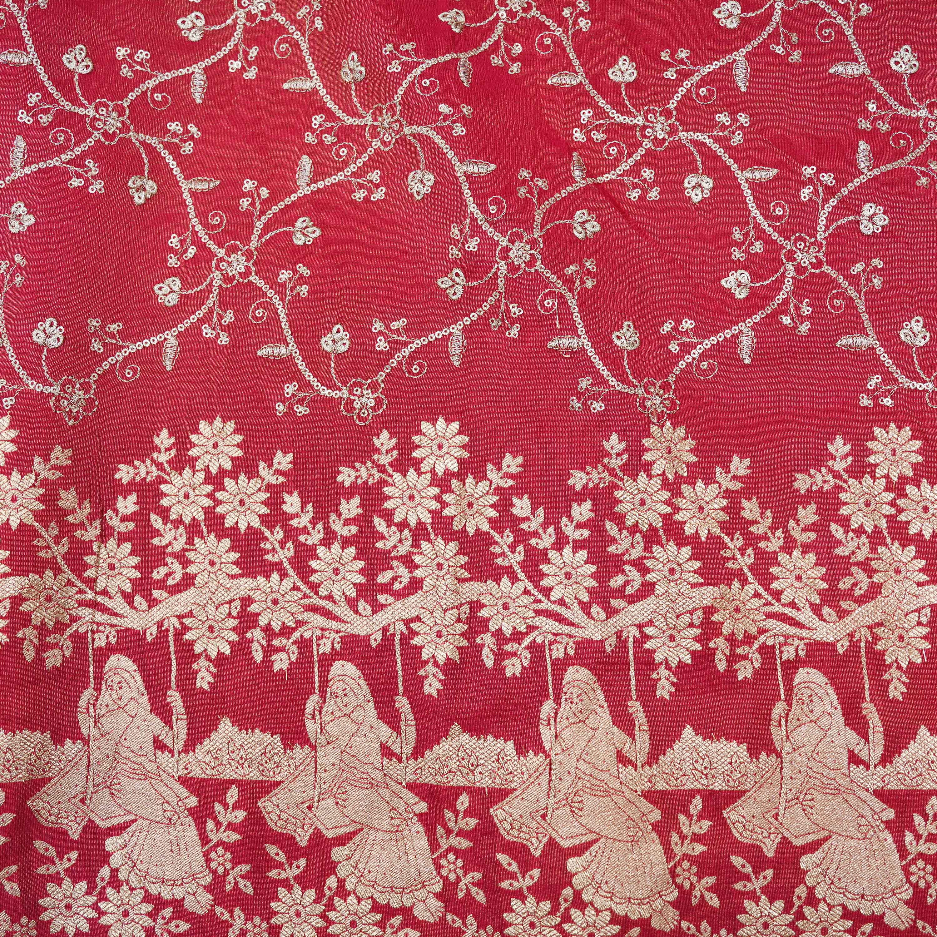 Crimson Red Zari And Sequin Work Tissue Fabric