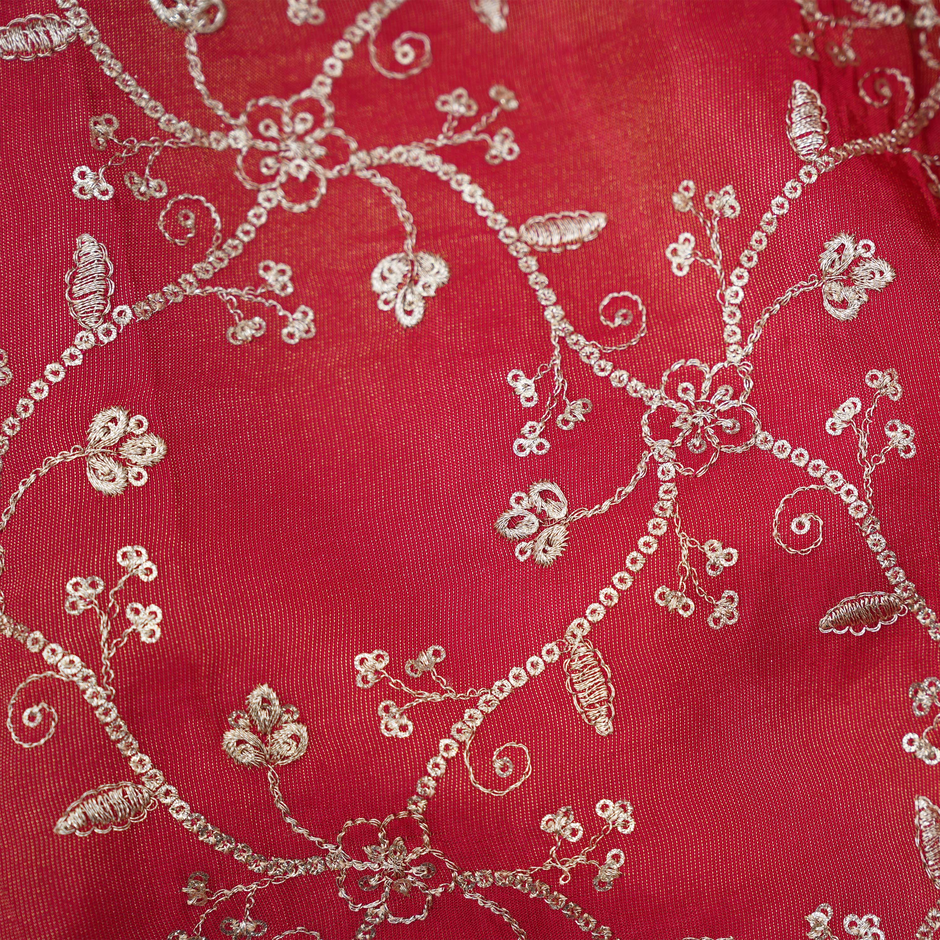 Crimson Red Zari And Sequin Work Tissue Fabric