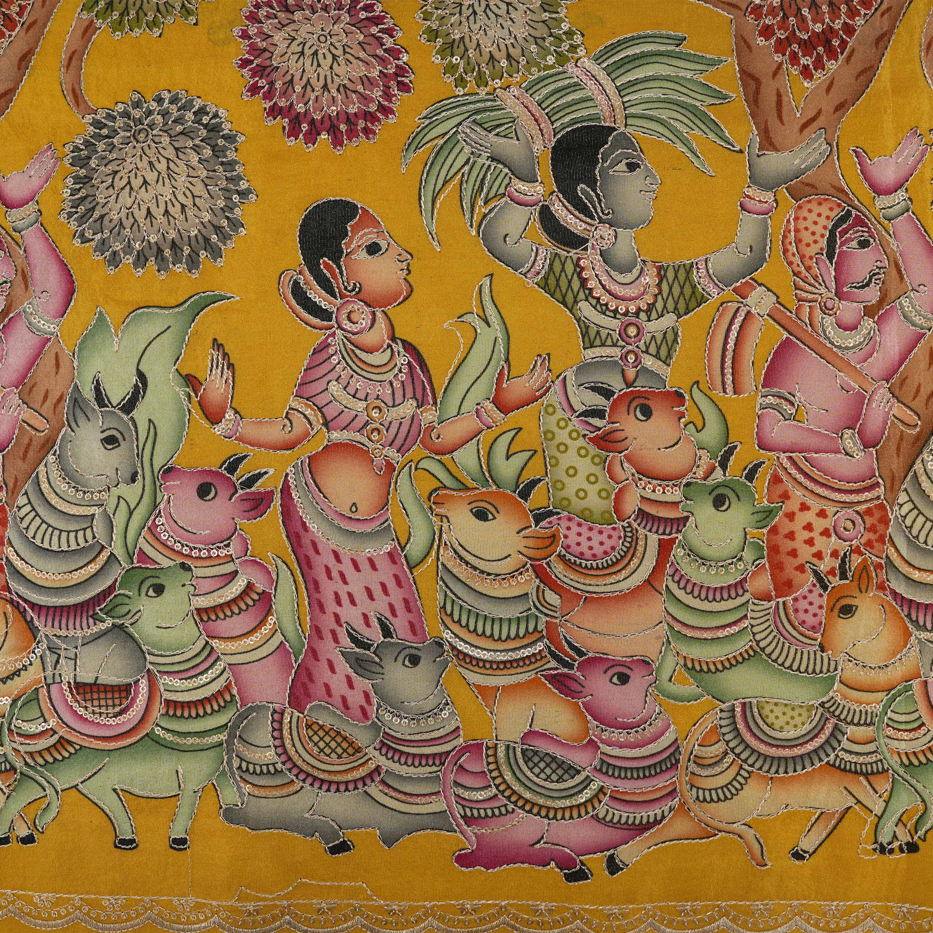 Golden Ochre Kalamkari Tissue With Sequins