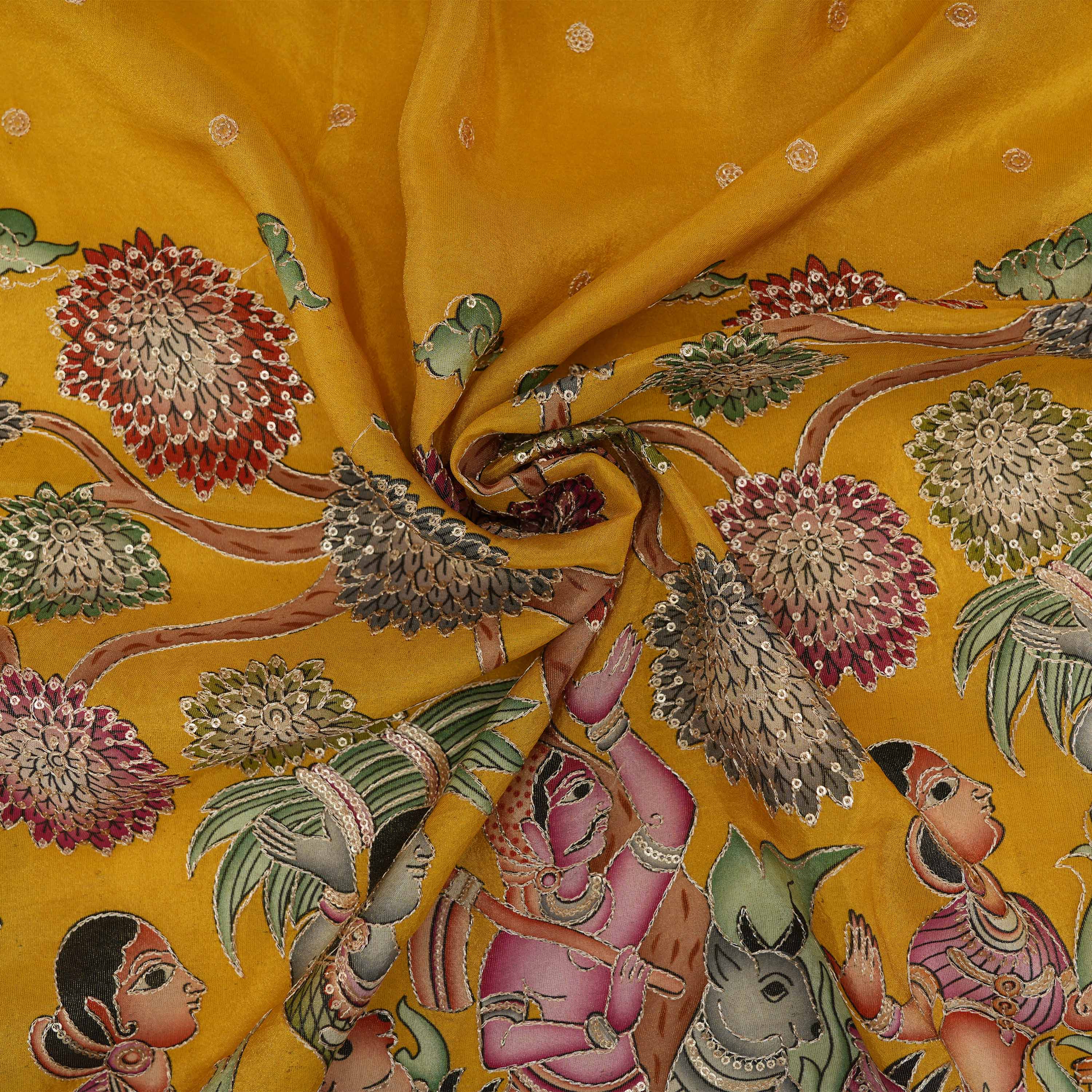 Golden Ochre Kalamkari Tissue With Sequins