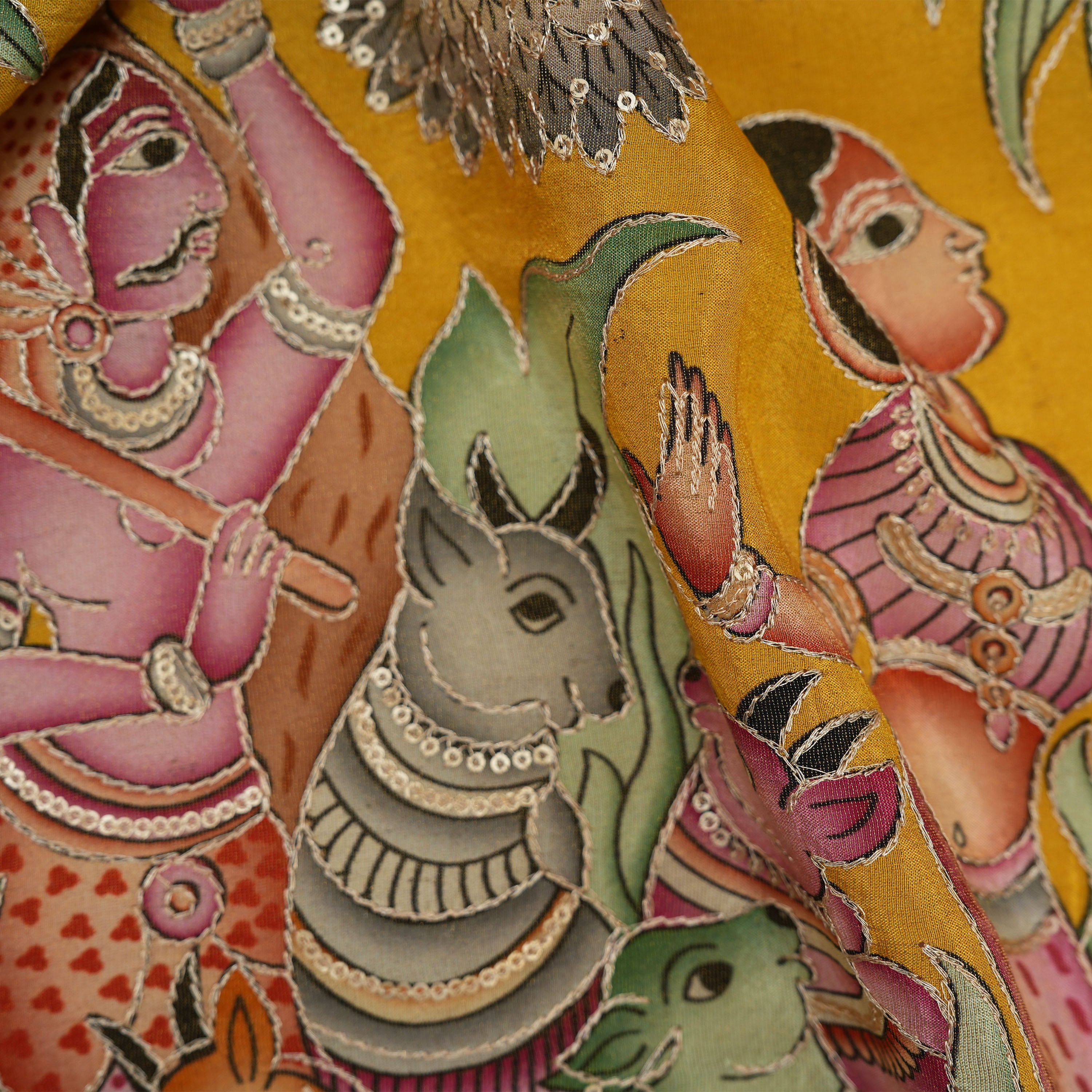 Golden Ochre Kalamkari Tissue With Sequins