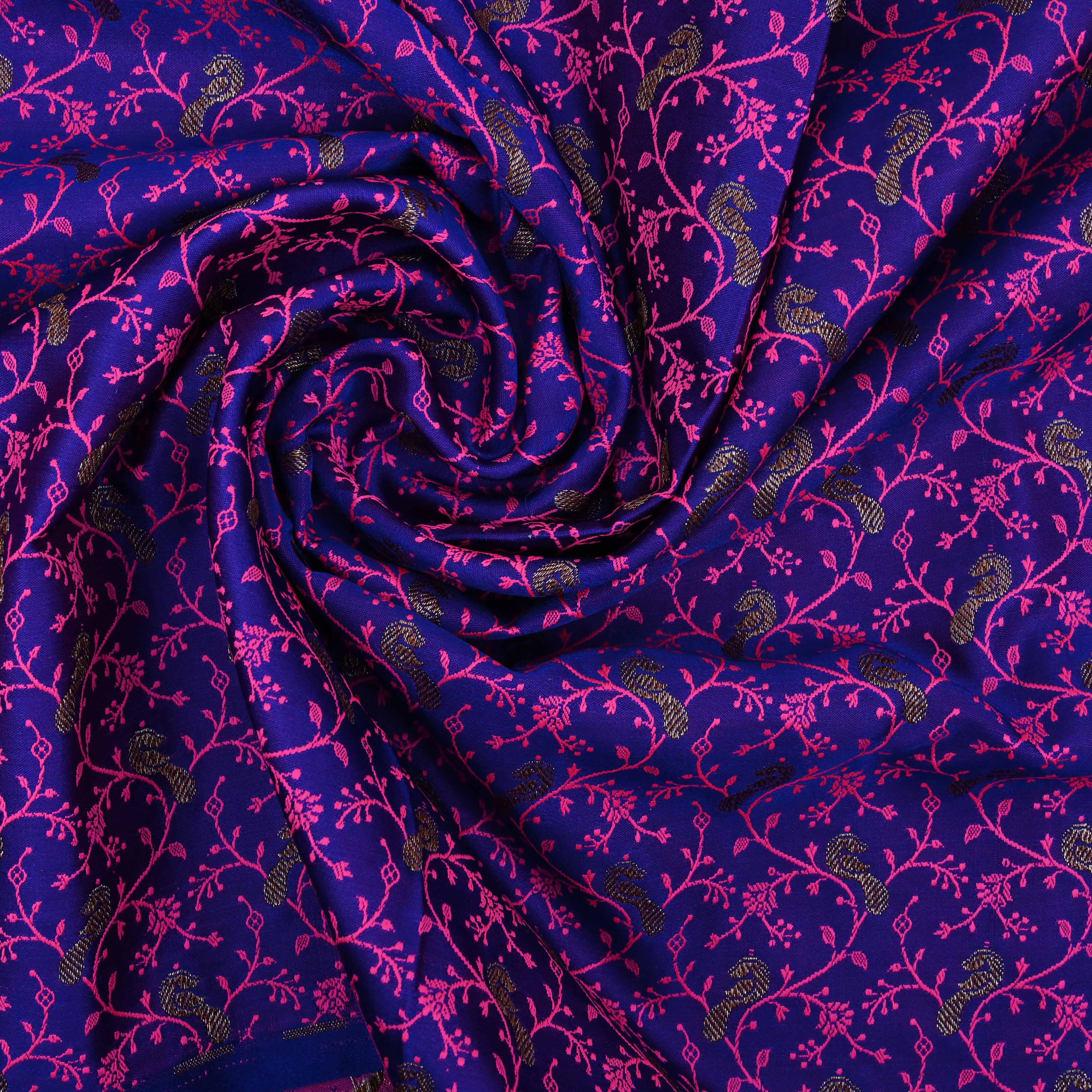 Egyptian Blue Floral-Bird Banarasi Fabric