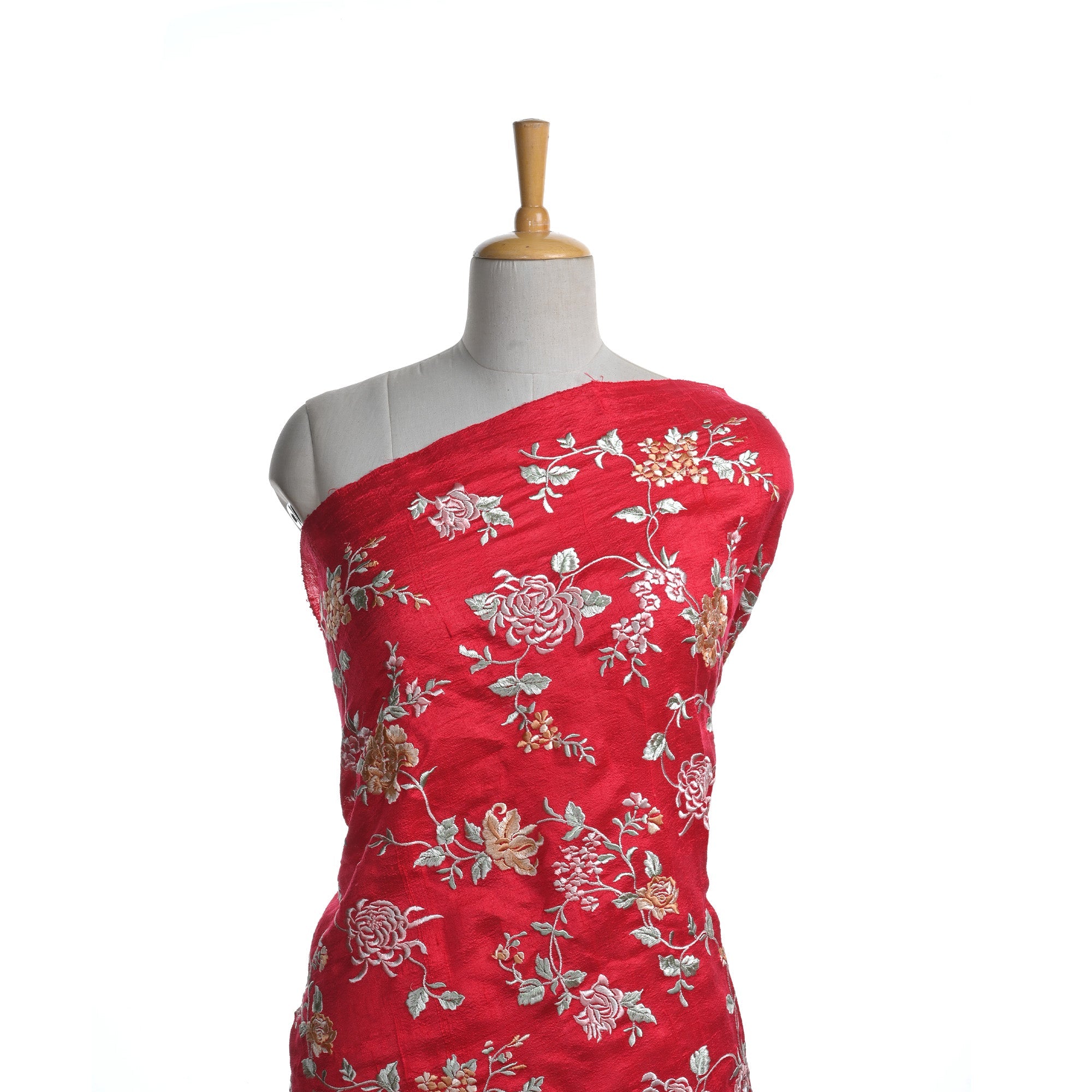 Persian Red Embroidered Raw Silk Fabric