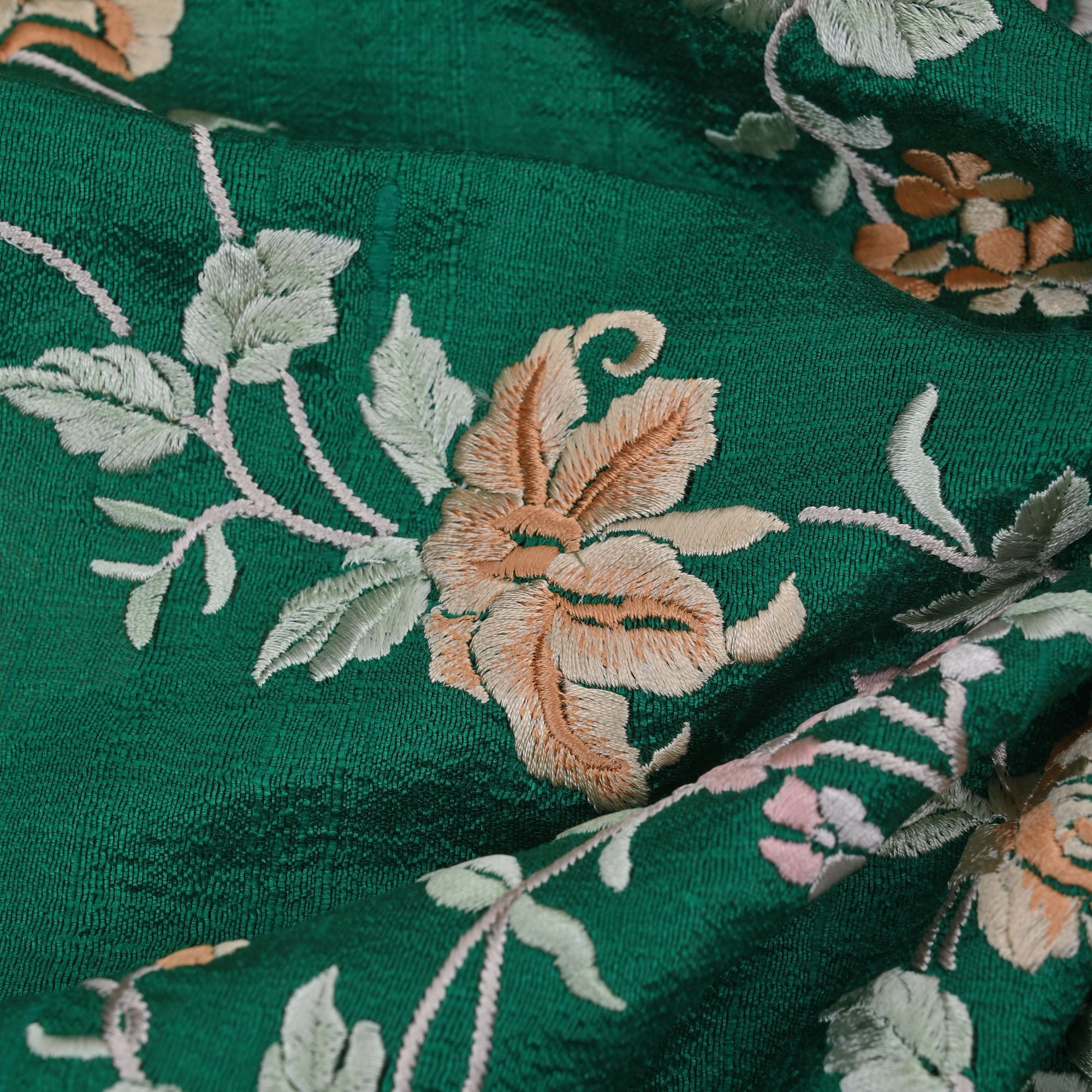 Bottle Green Embroidered Raw Silk Fabric