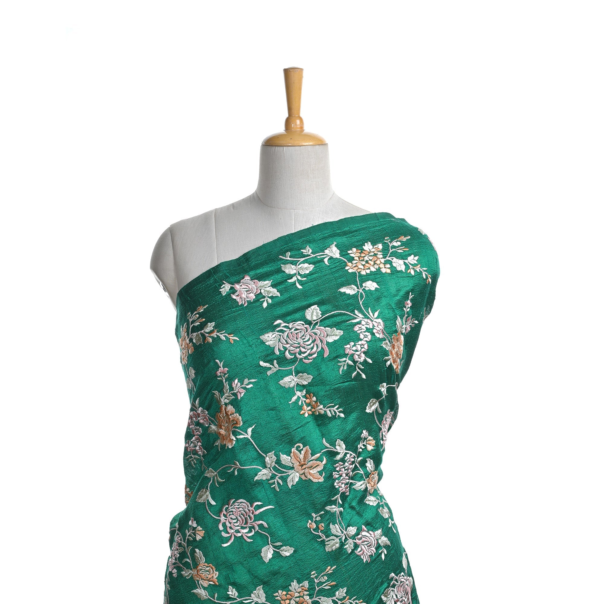 Bottle Green Embroidered Raw Silk Fabric