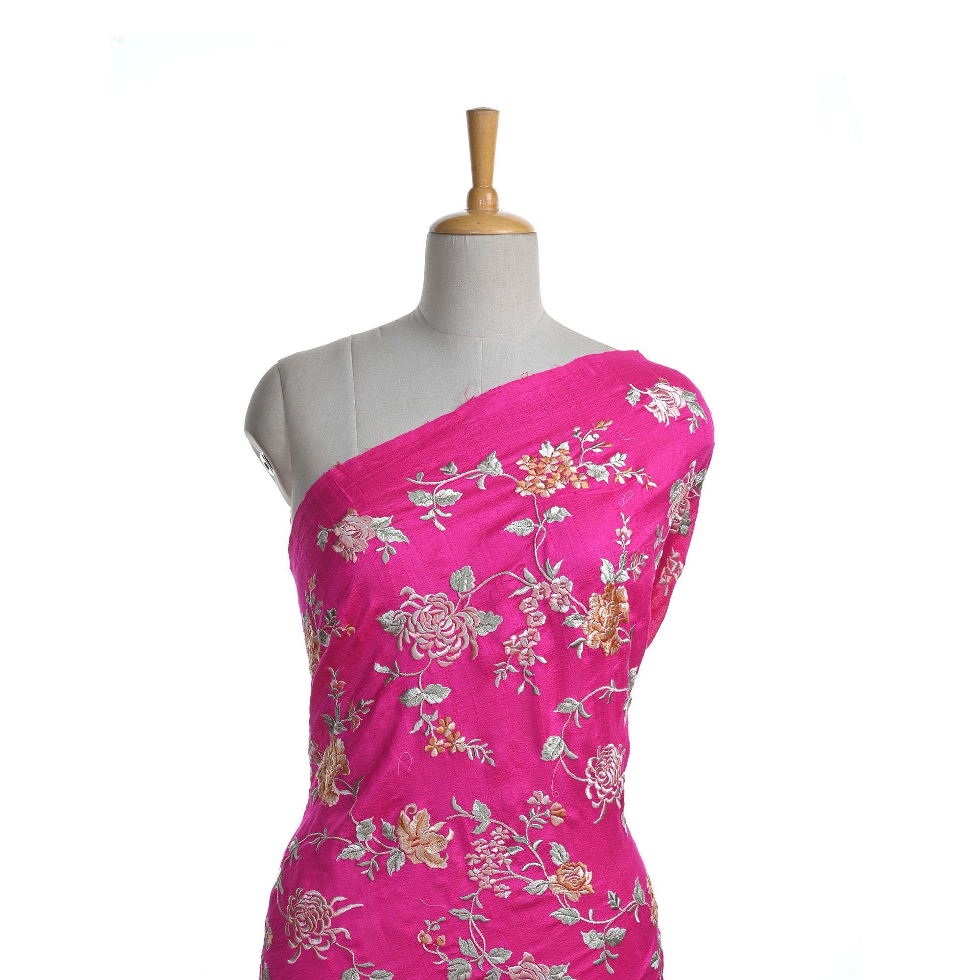 Neon Pink Embroidered Raw Silk Fabric