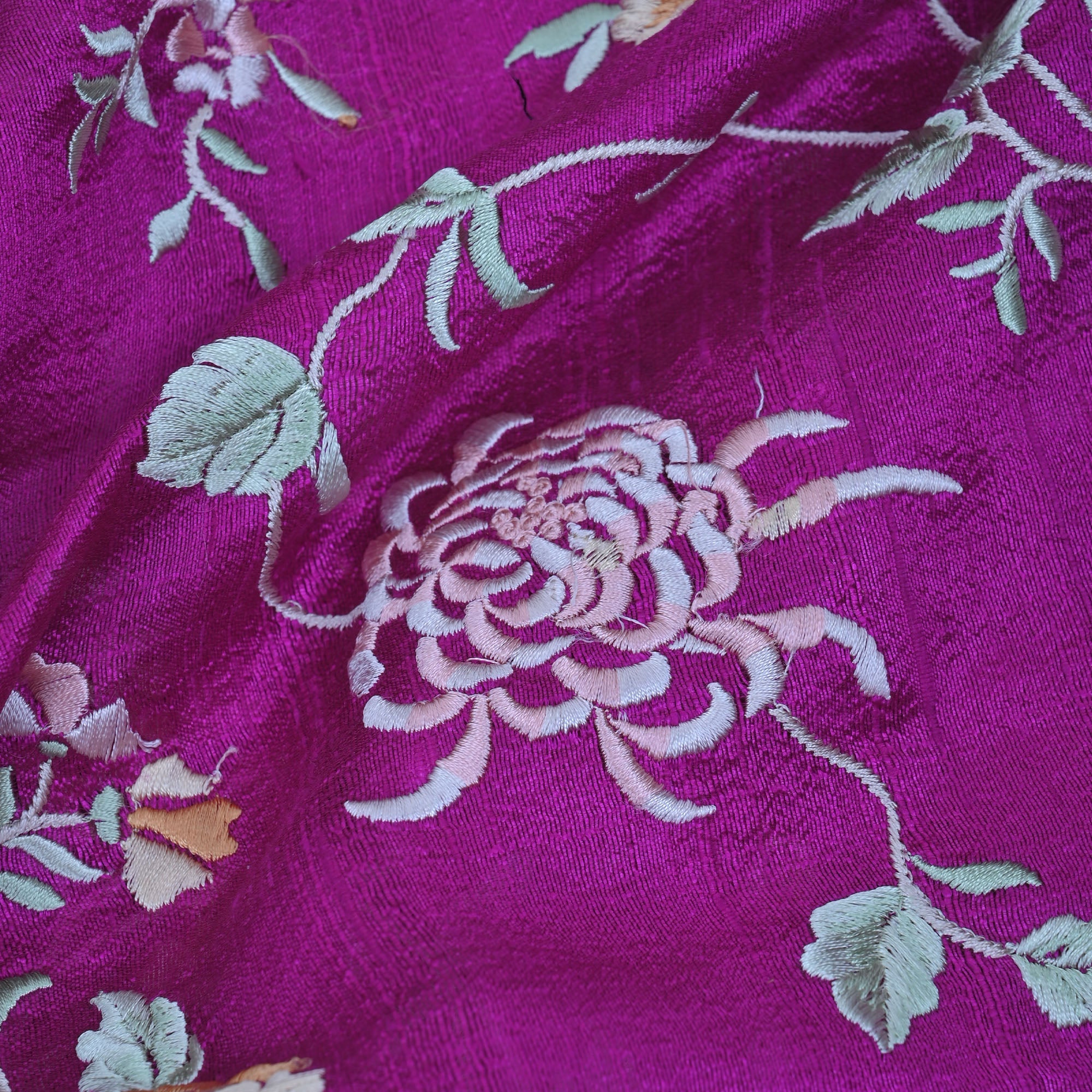 Dark Magenta Embroidered Raw Silk Fabric