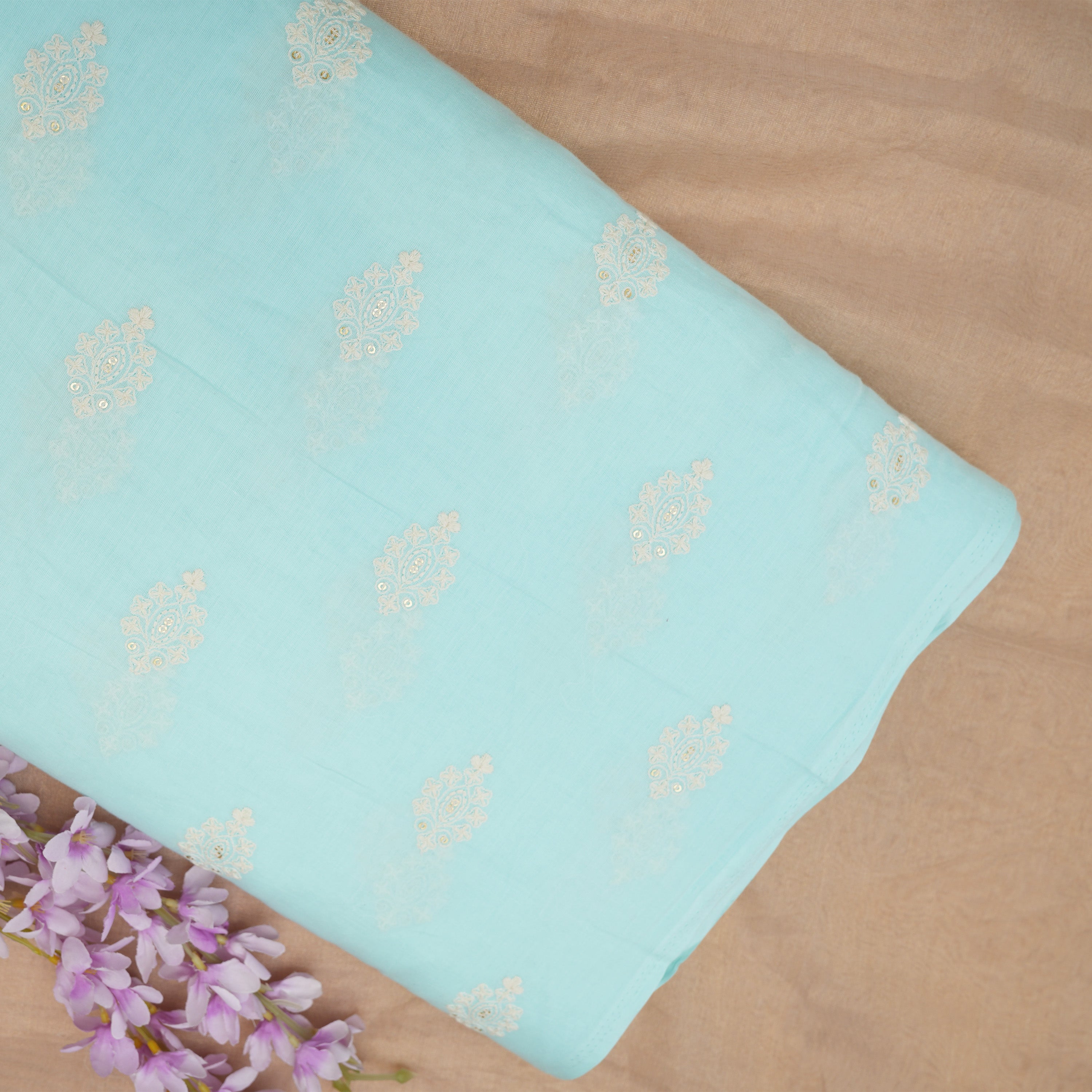 Powder Blue Floral Embroidery Threadwork On Cotton Fabric