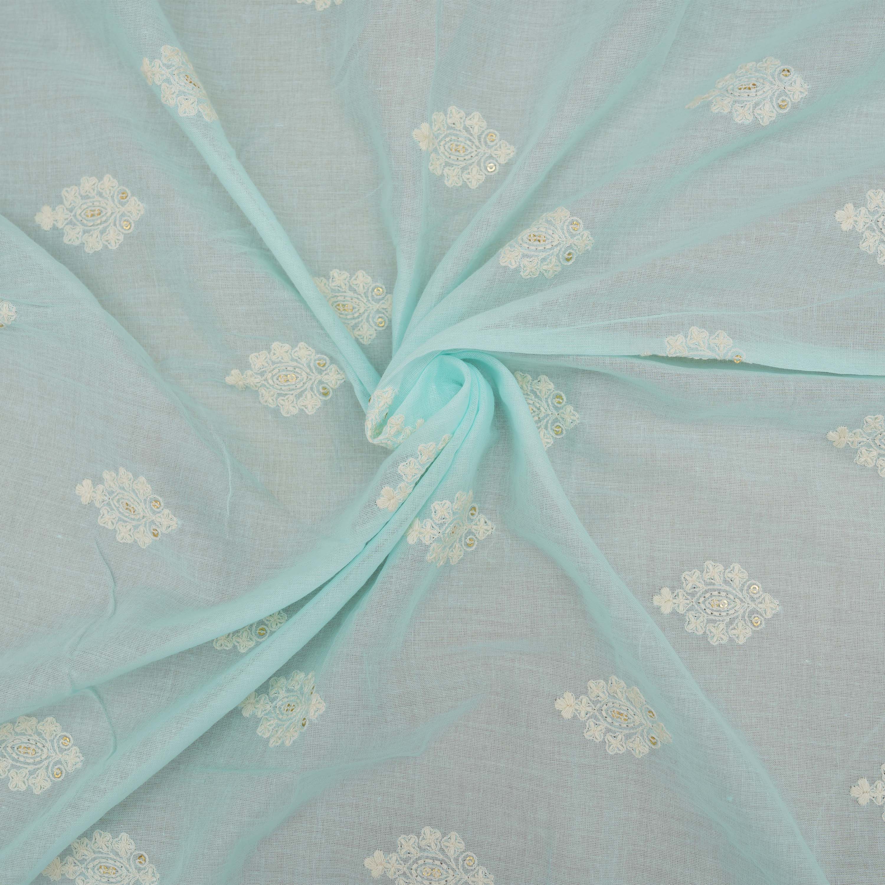 Powder Blue Floral Embroidery Thread Work On Cotton Fabric