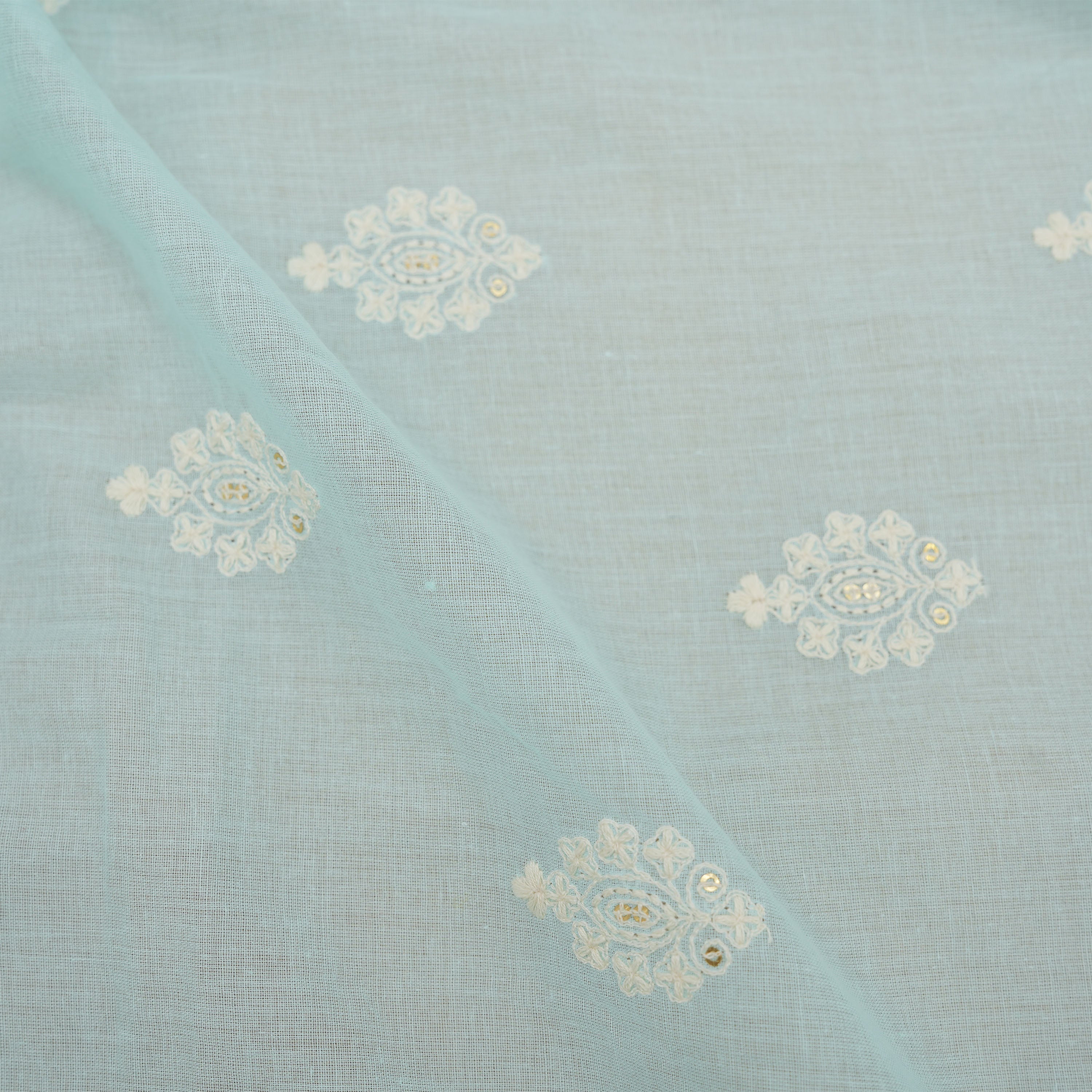 Powder Blue Floral Embroidery Thread Work On Cotton Fabric
