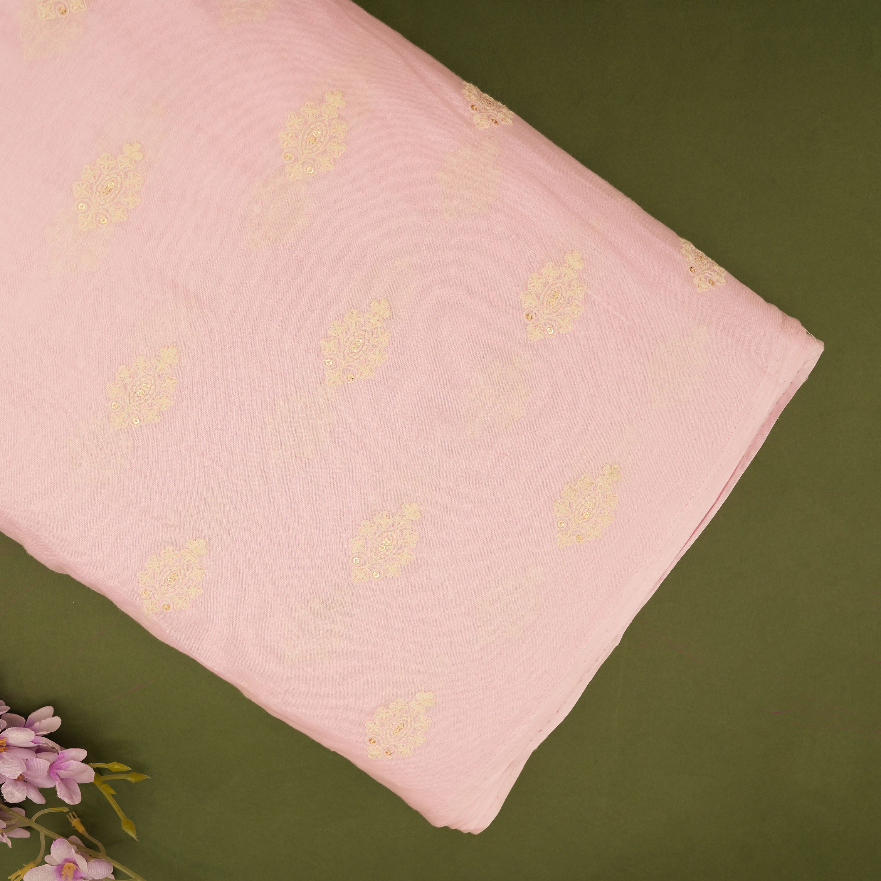 Pale Pink Floral Embroidered On Cotton Fabric