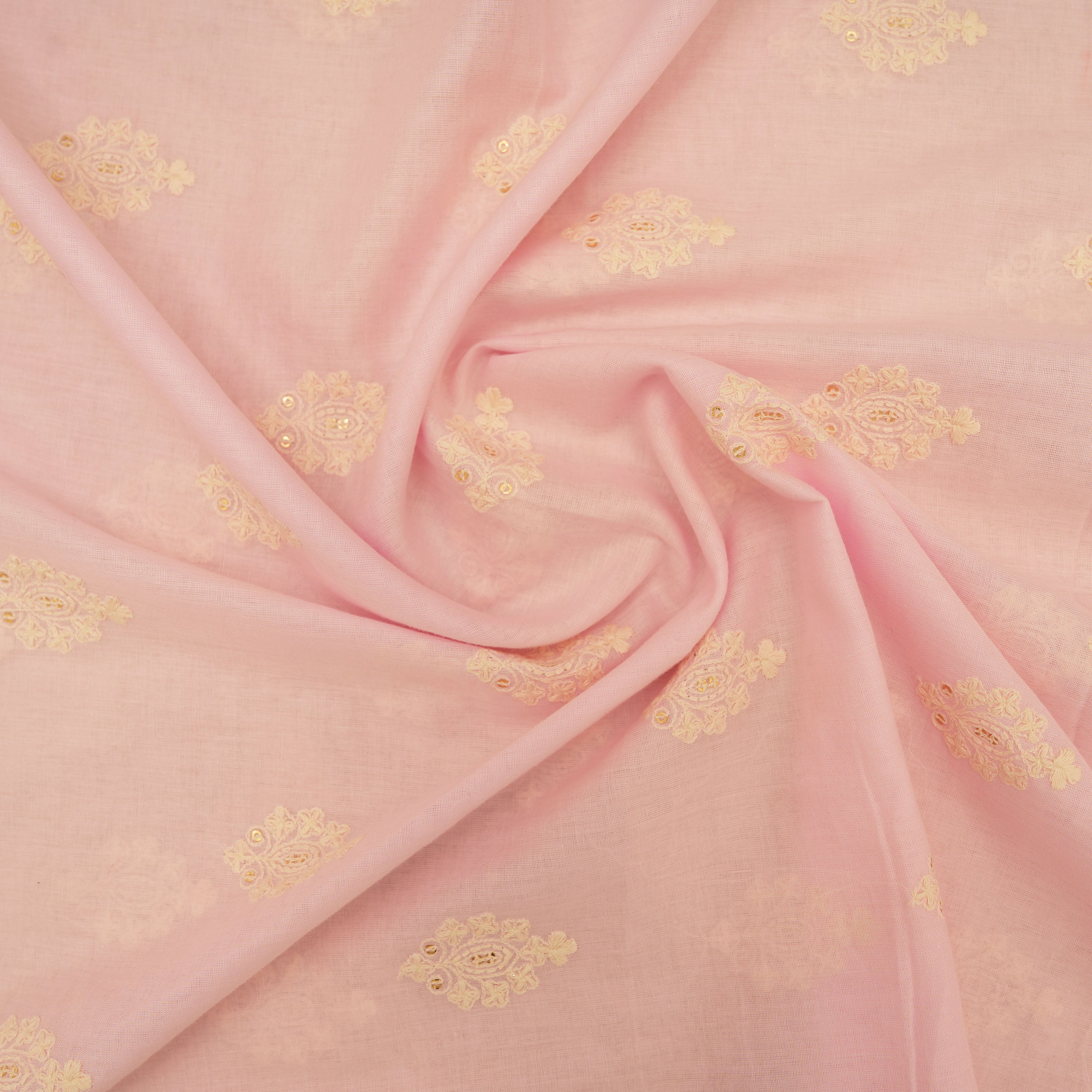 Pale Pink Floral Embroidered On Cotton Fabric