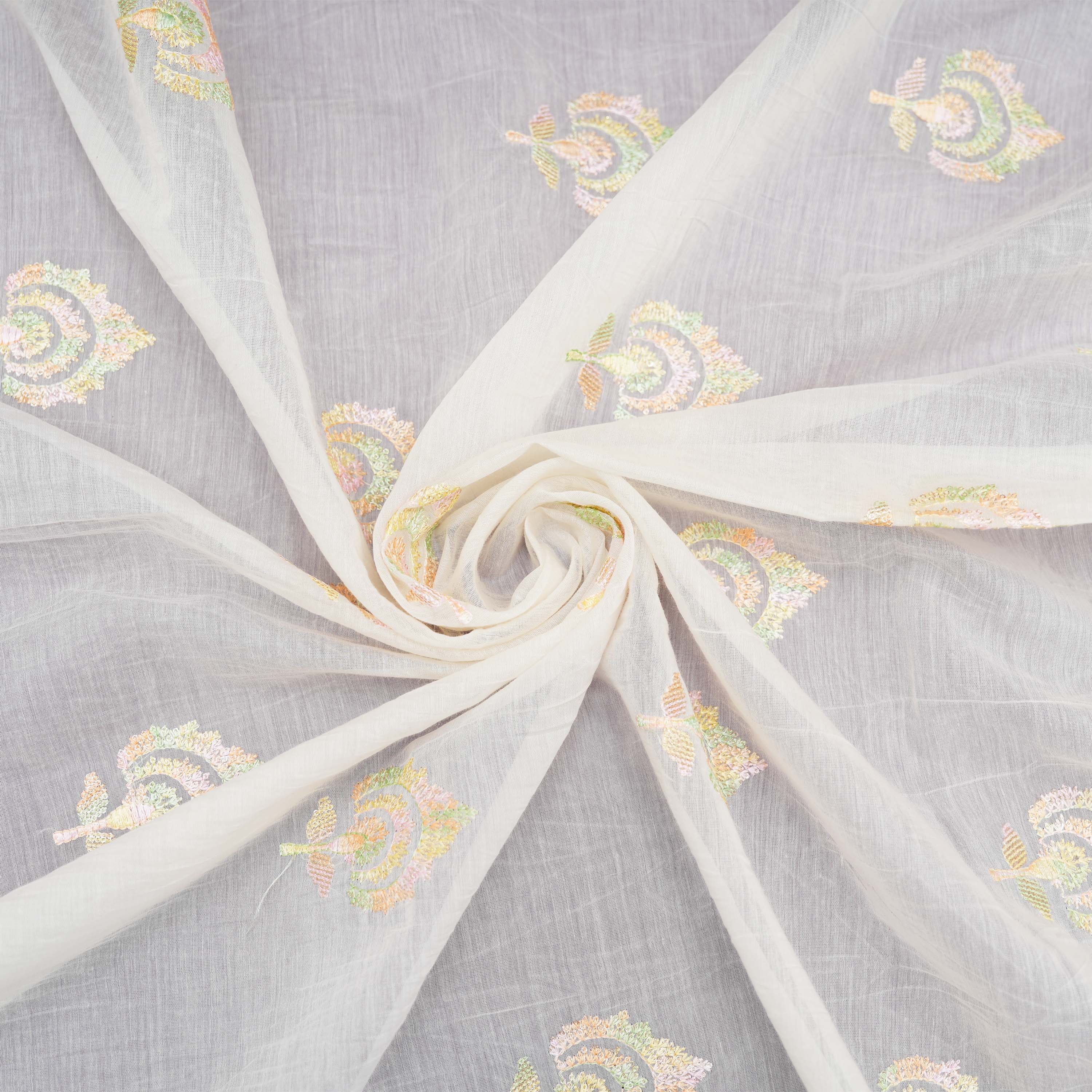 Pale White Floral Buttas Embroidered On Chanderi Fabric