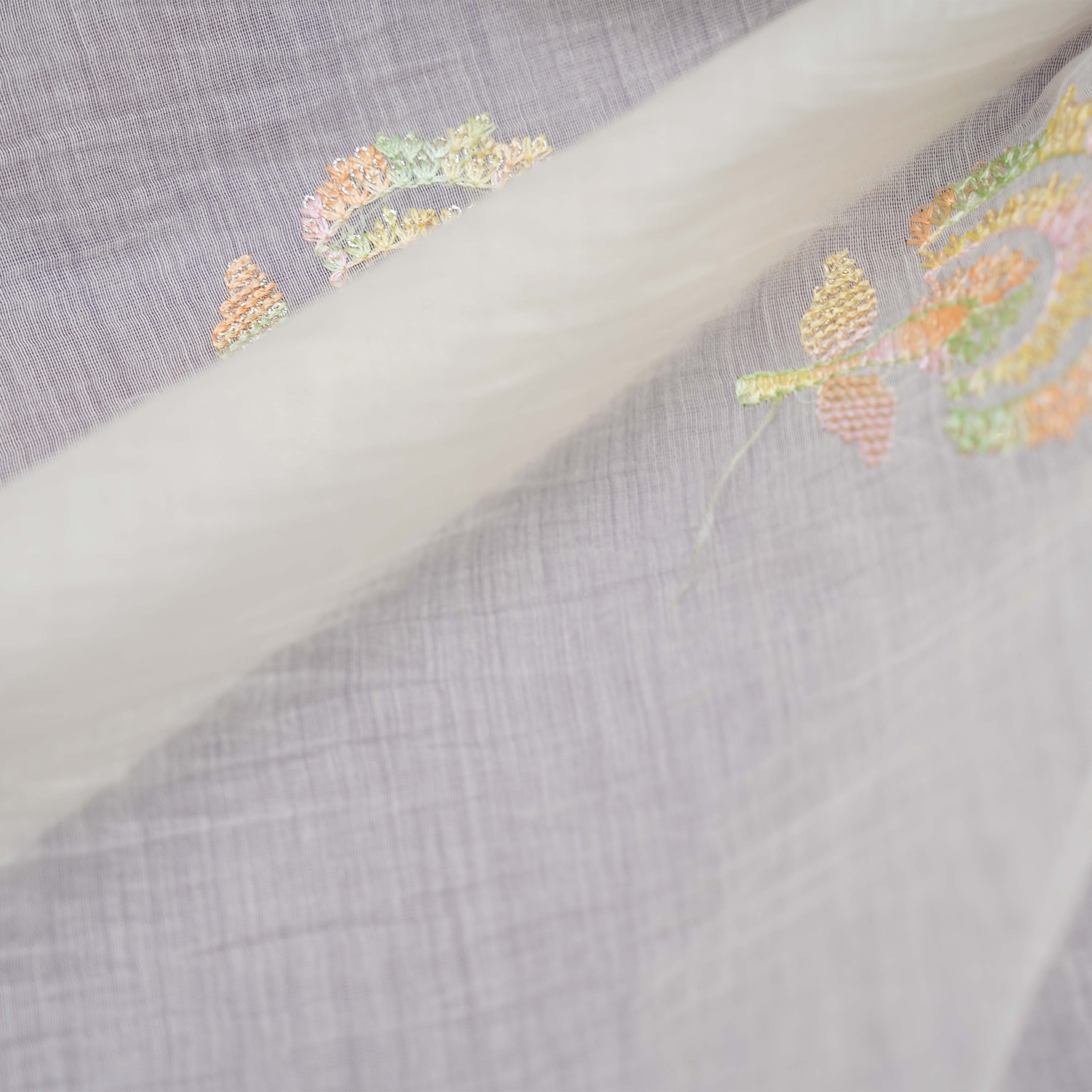 Pale White Floral Buttas Embroidered On Chanderi Fabric