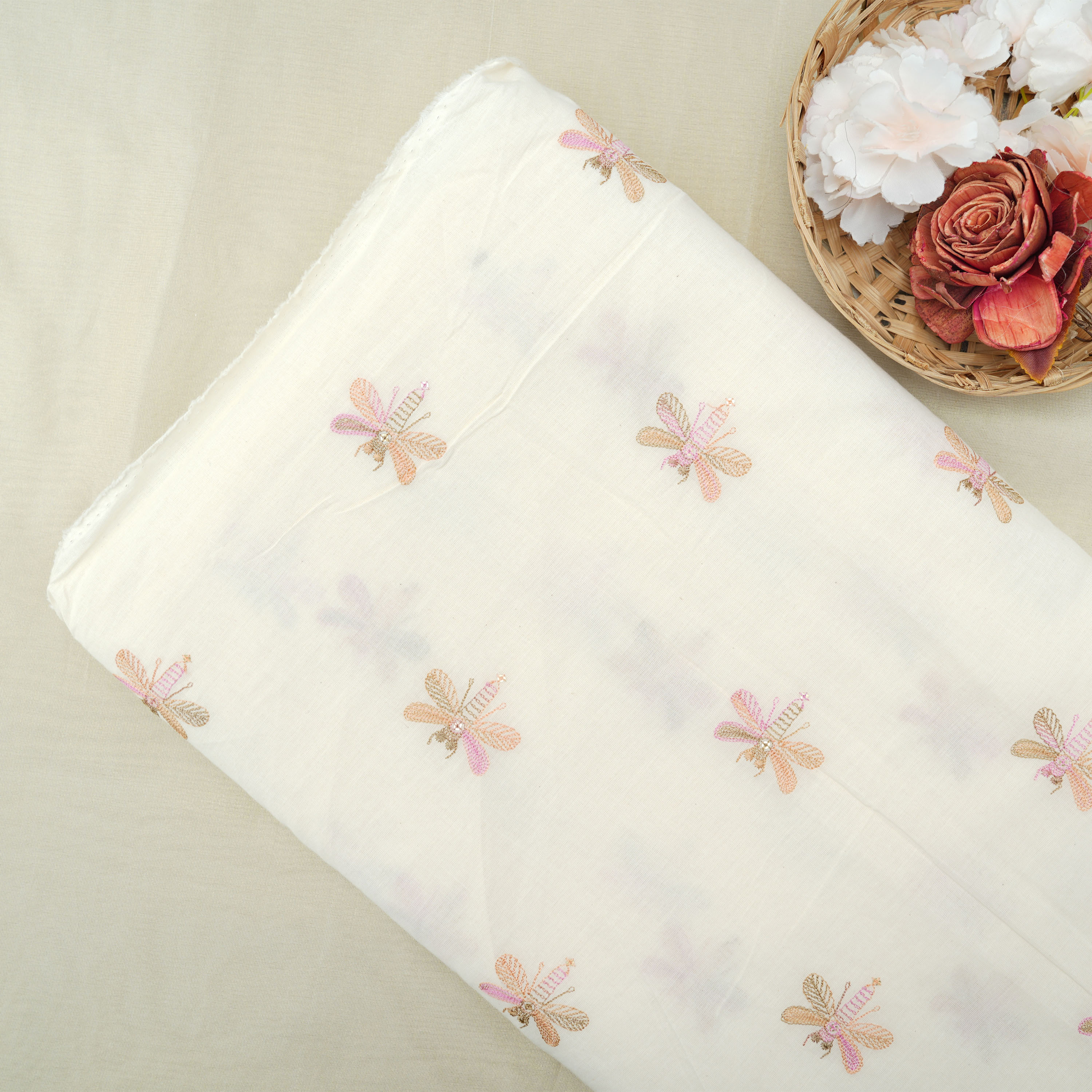 Smoke White Multicolor Dragonfly Embroidered Cotton Fabric