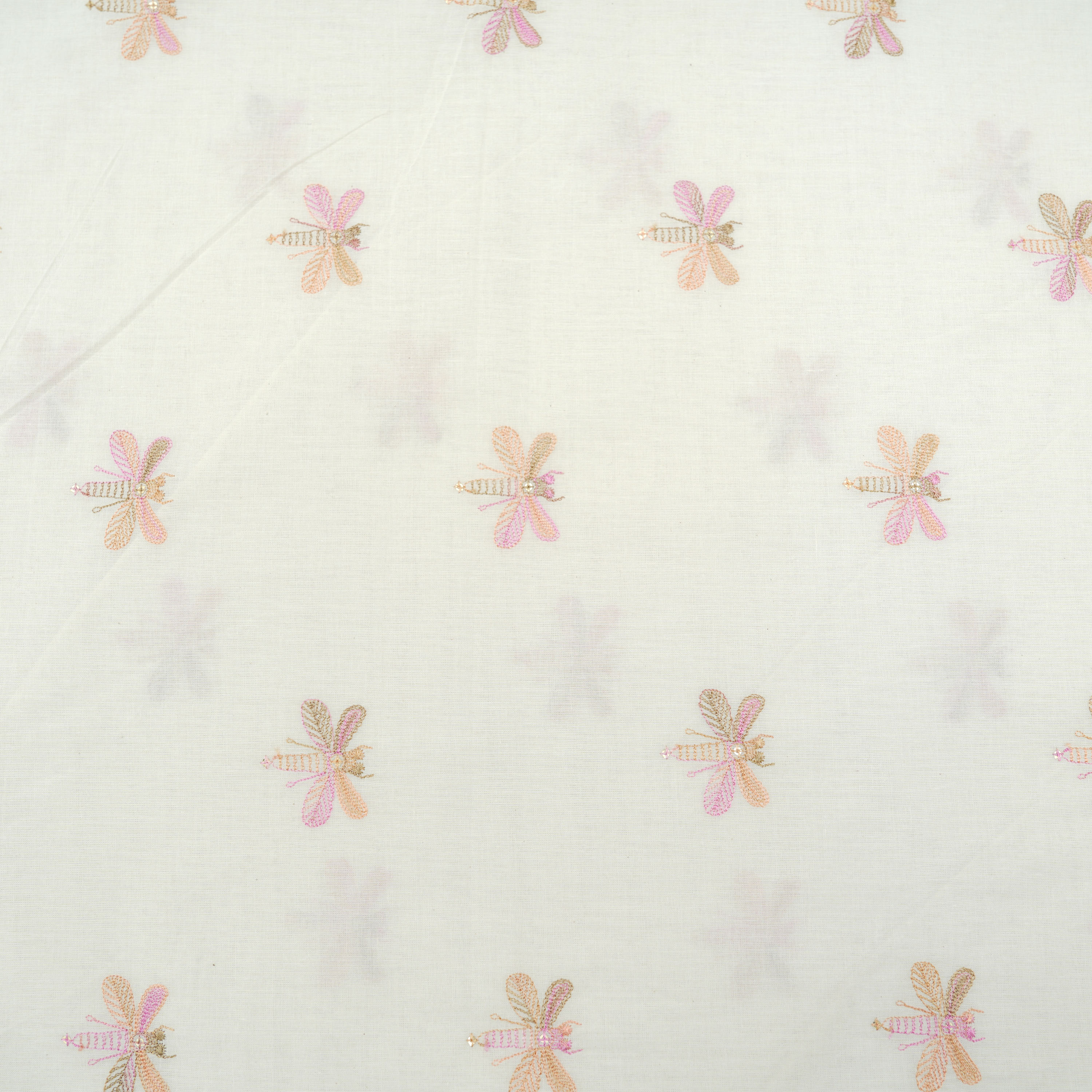 Smoke White Multicolor Dragonfly Embroidered Cotton Fabric
