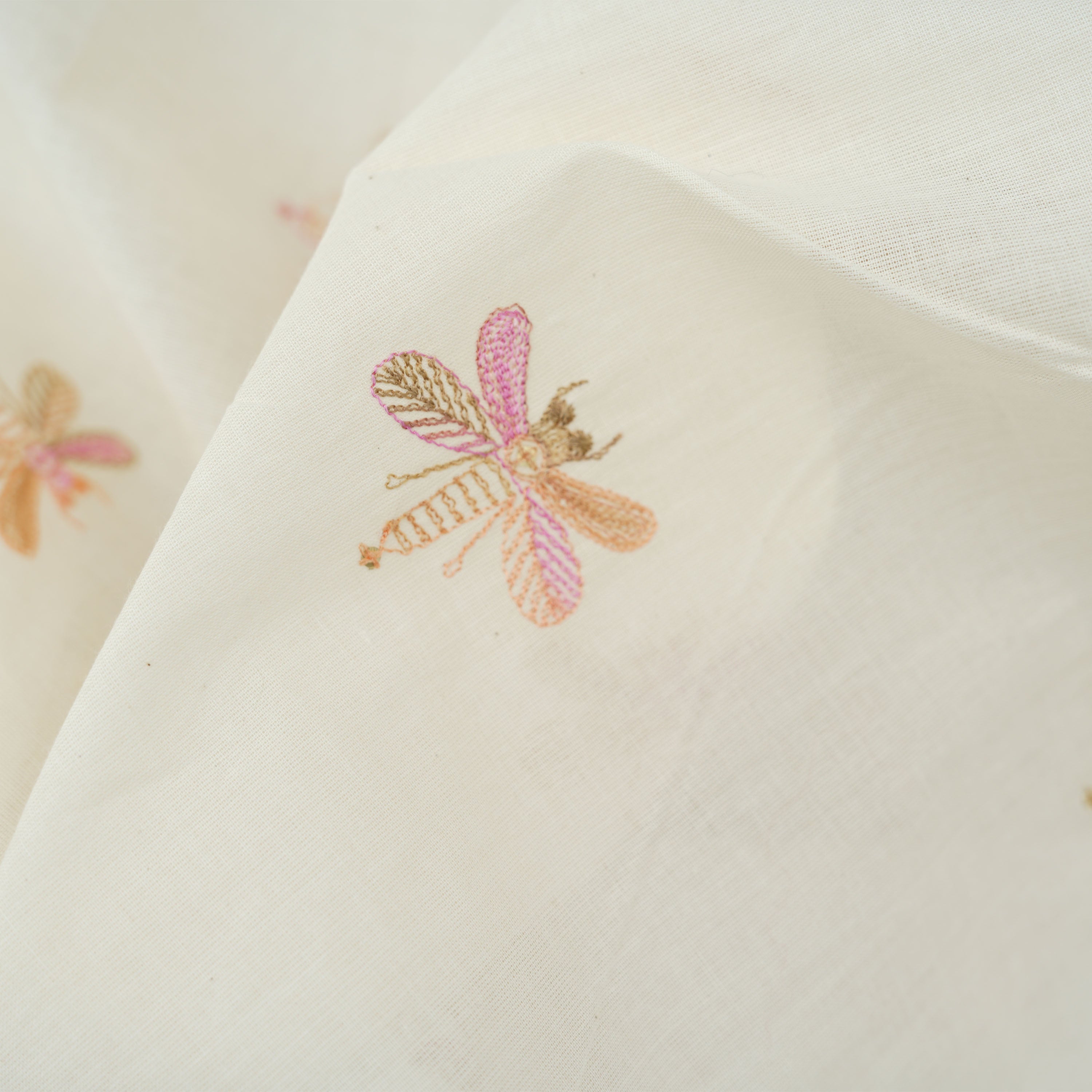Smoke White Multicolor Dragonfly Embroidered Cotton Fabric