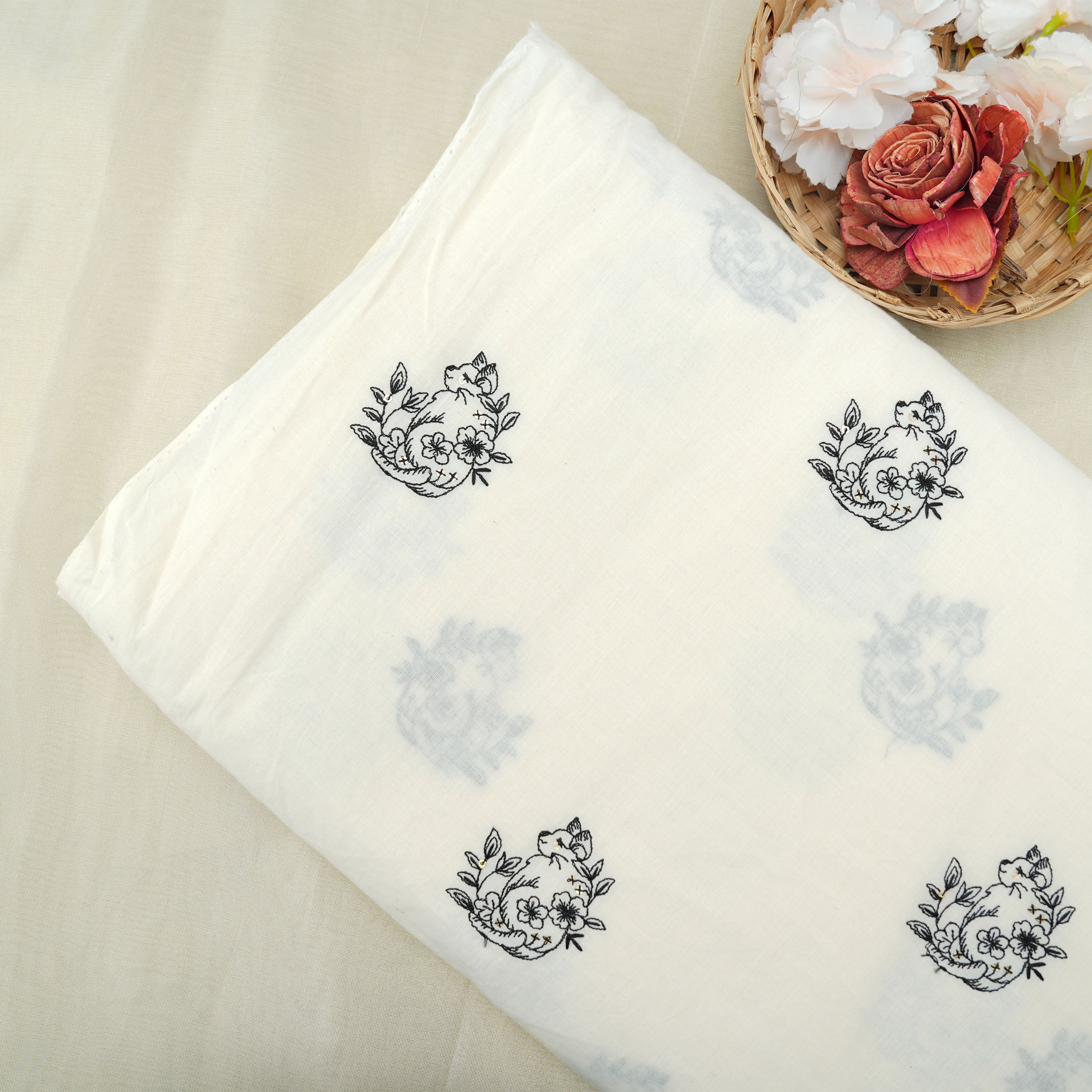 Cream White Floral Animal Embroidered Cotton Fabric
