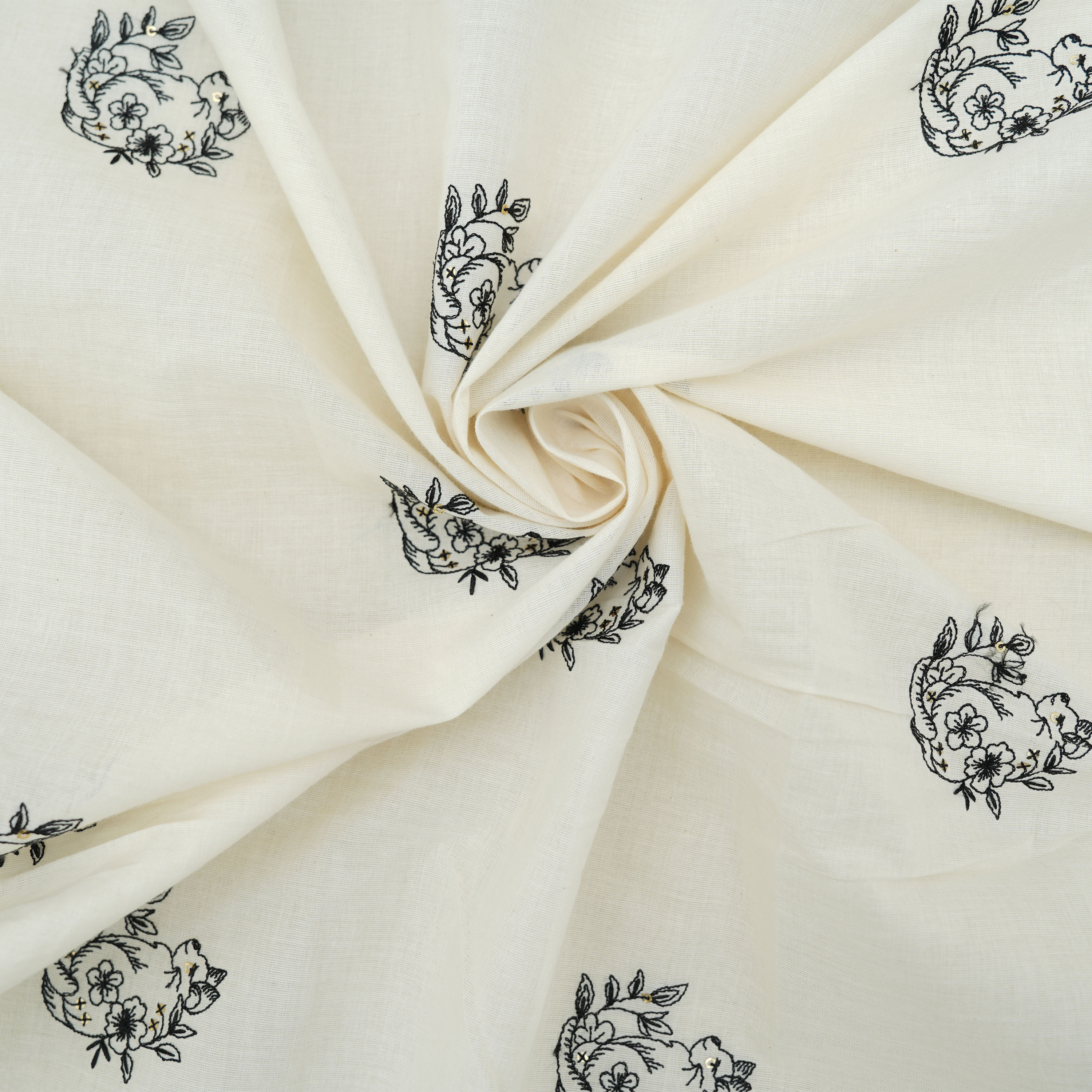 Cream White Floral Animal Embroidered Cotton Fabric