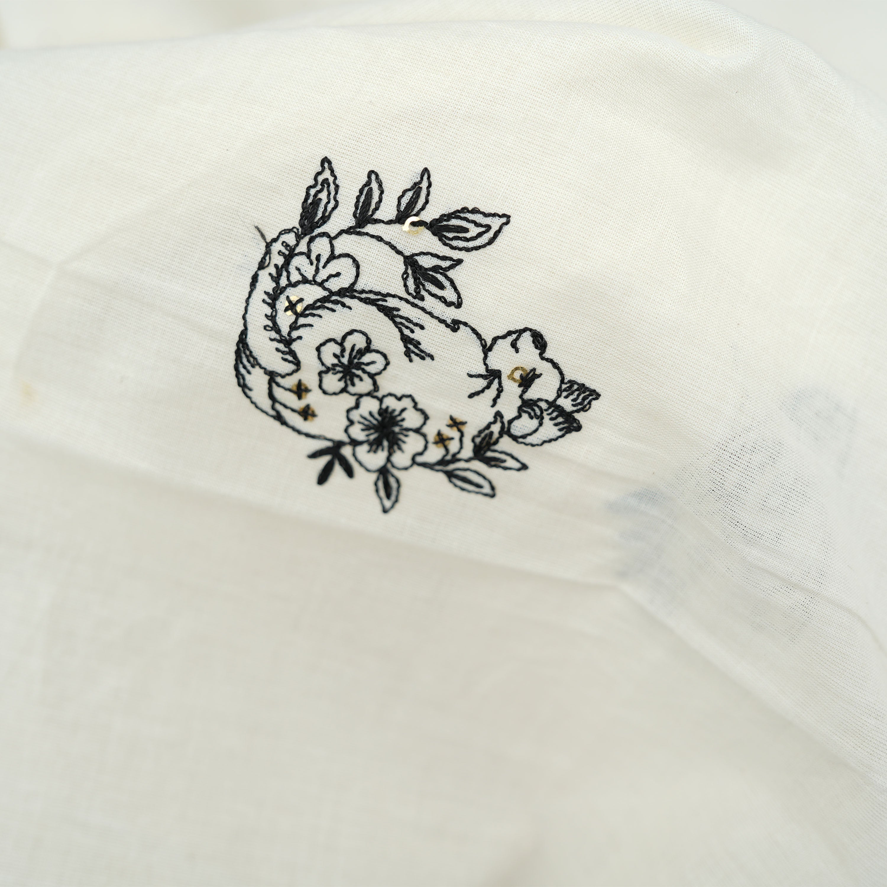 Cream White Floral Animal Embroidered Cotton Fabric