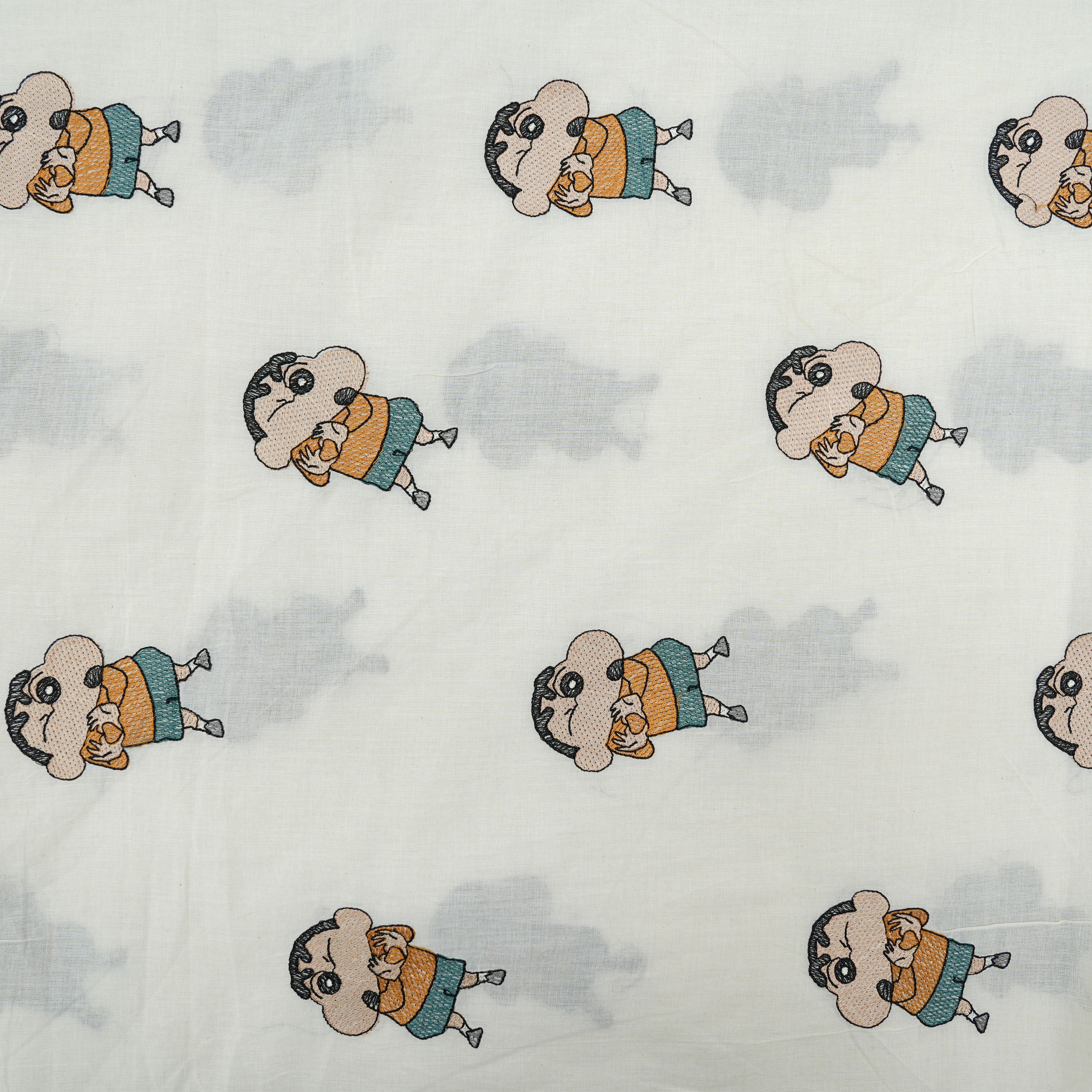 Milk White Shinchan Figure Embroidered Cotton Fabric
