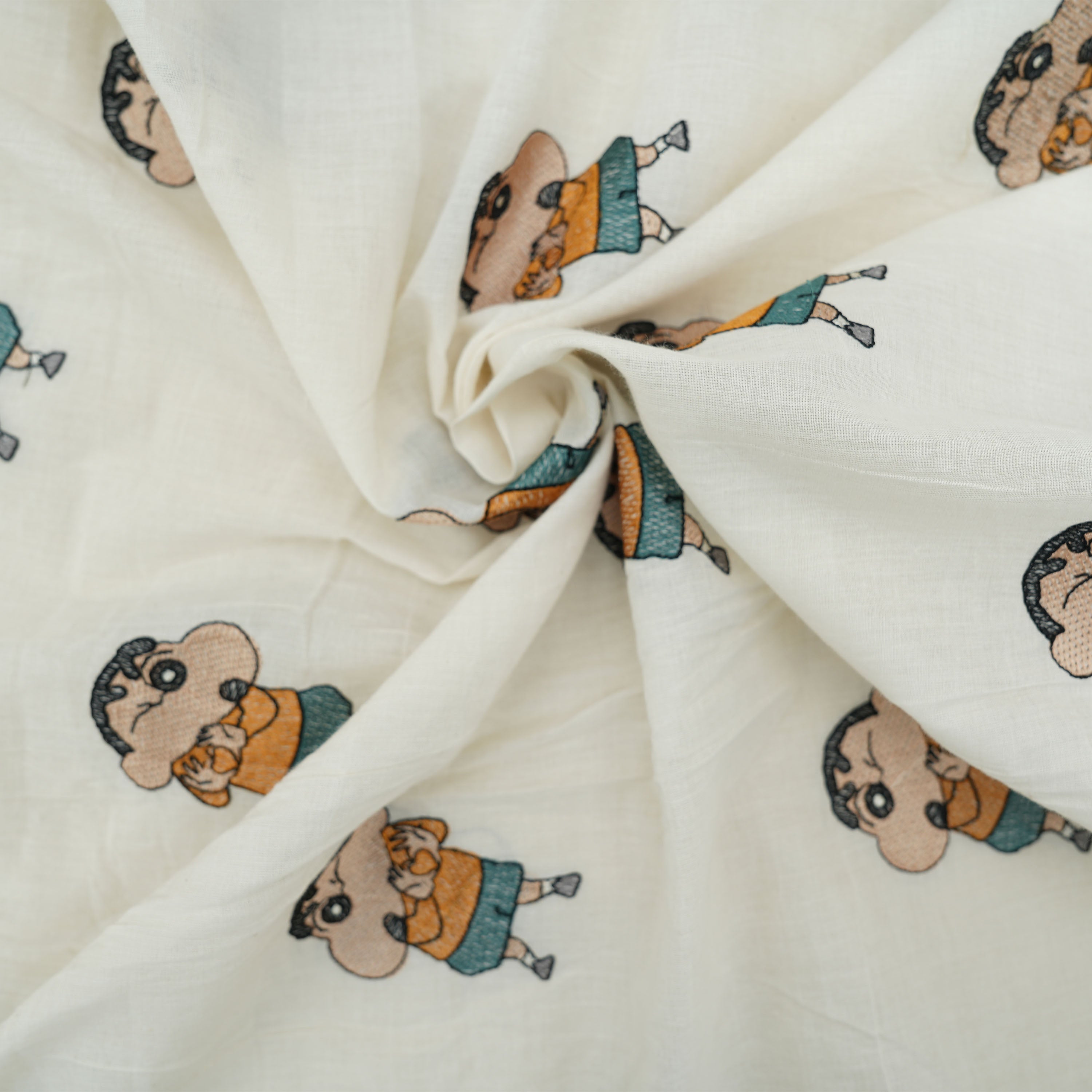 Milk White Shinchan Figure Embroidered Cotton Fabric