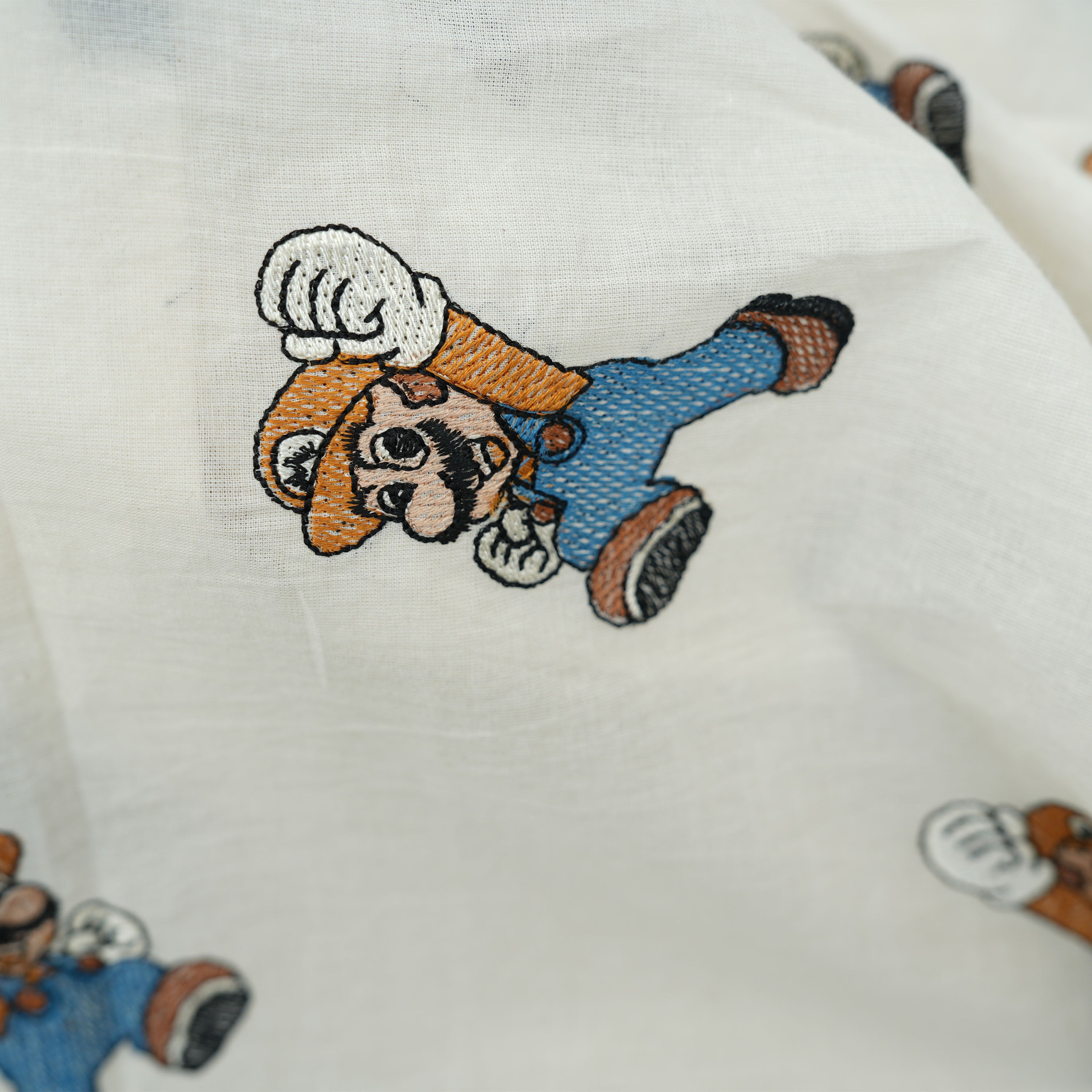 Cream White Mario Figure Embroidered Cotton Fabric