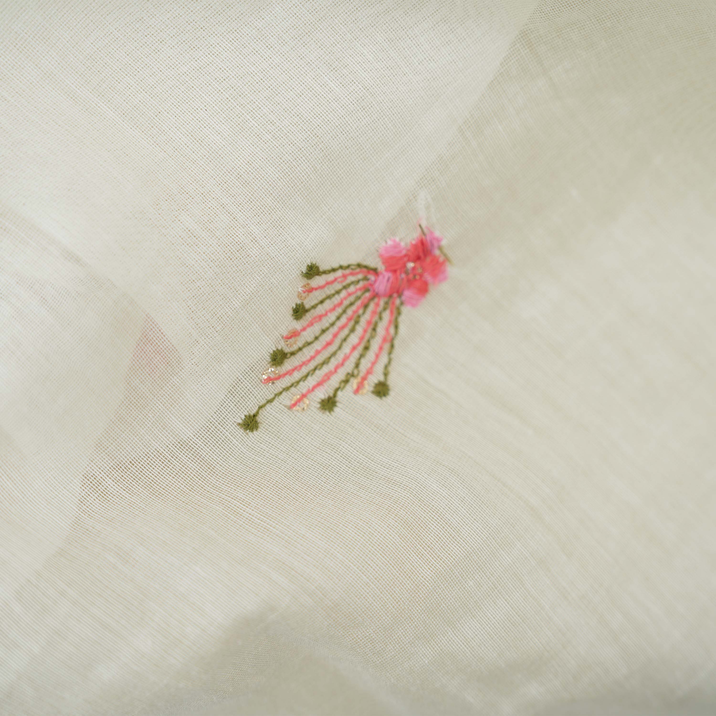 Smoke White Multicolor Floral Embroidered Cotton Fabric