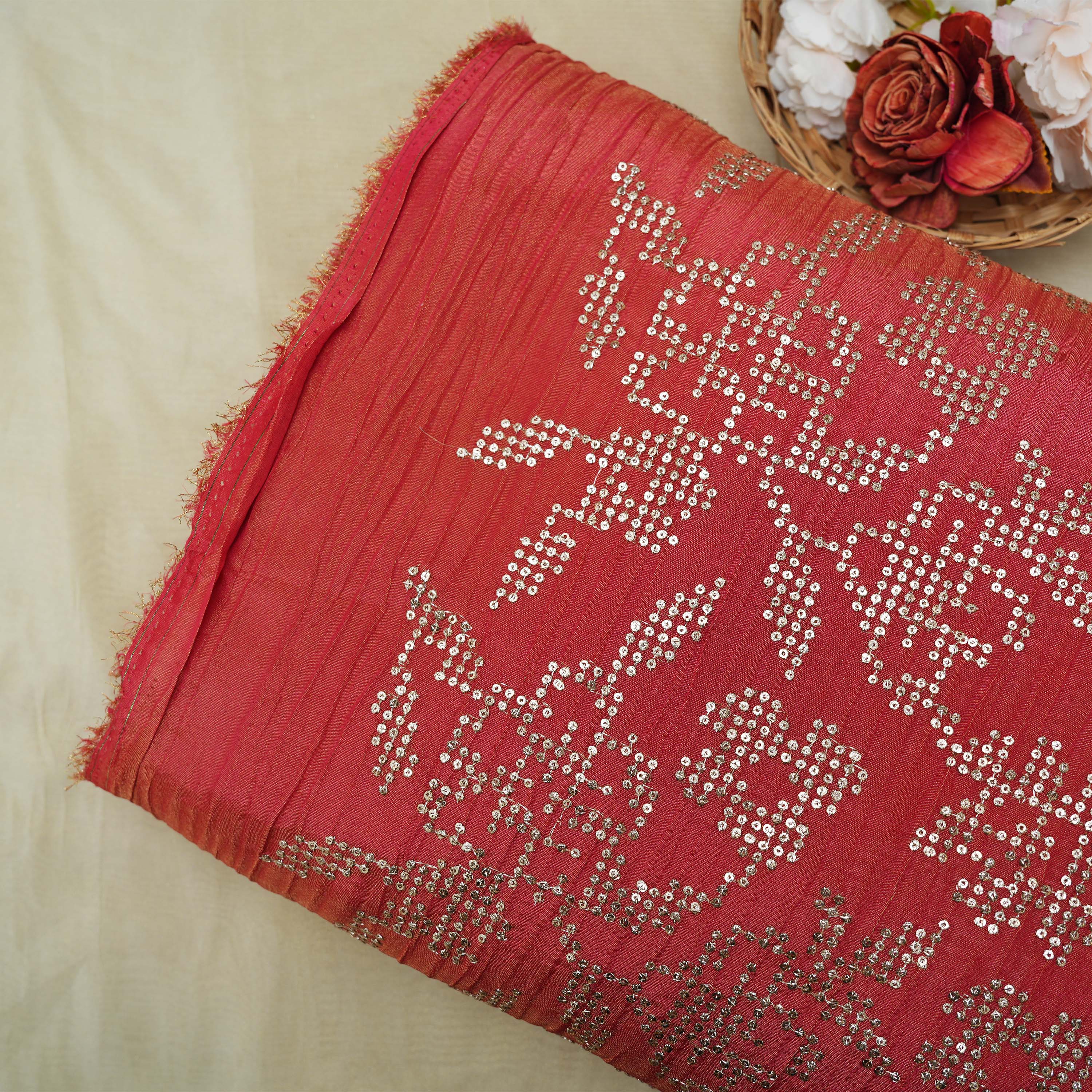 Pinkish Red Floral Embellishment Tissue Fabric