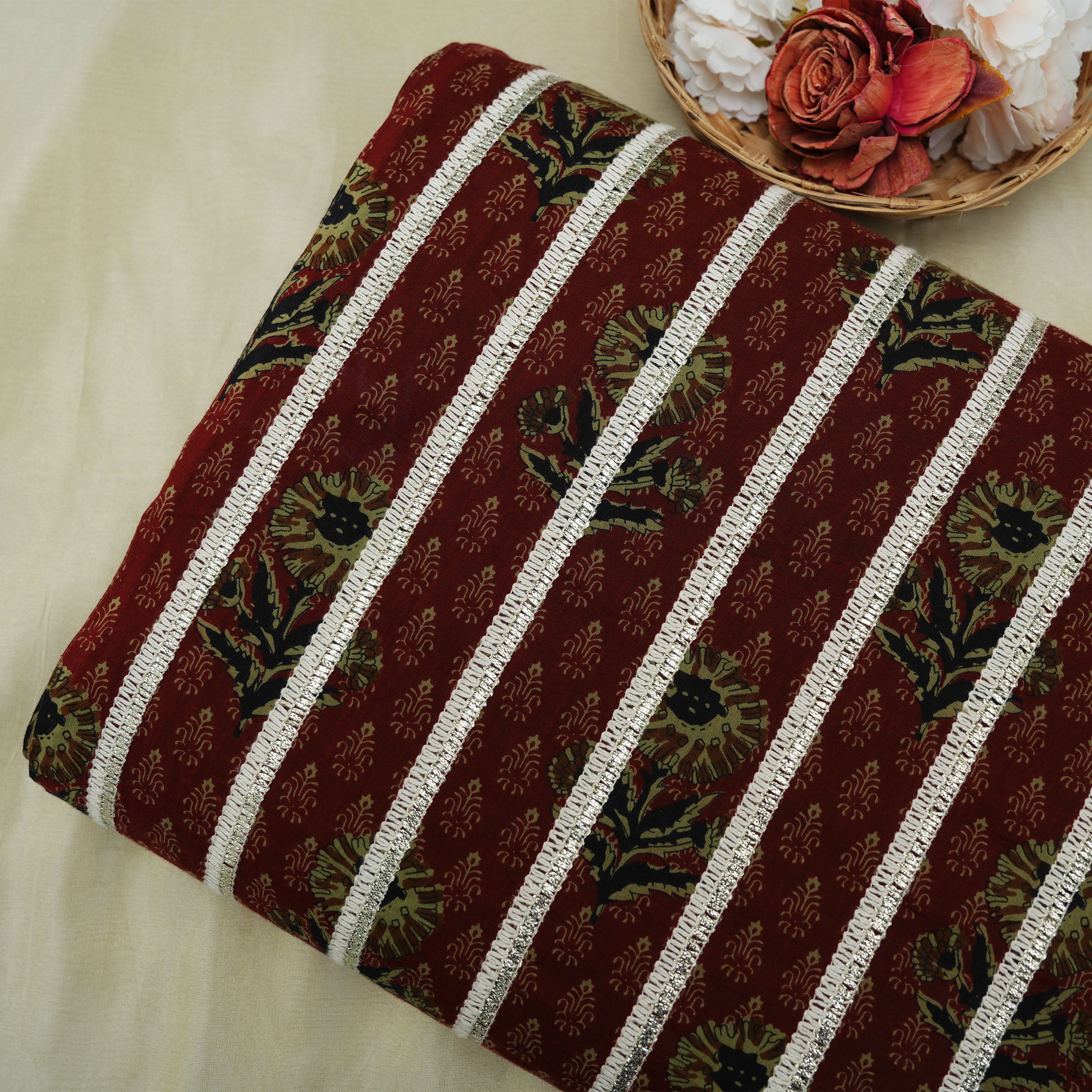 Cocoa Bean Brown Zari Embroidered Stripes Cotton Fabric