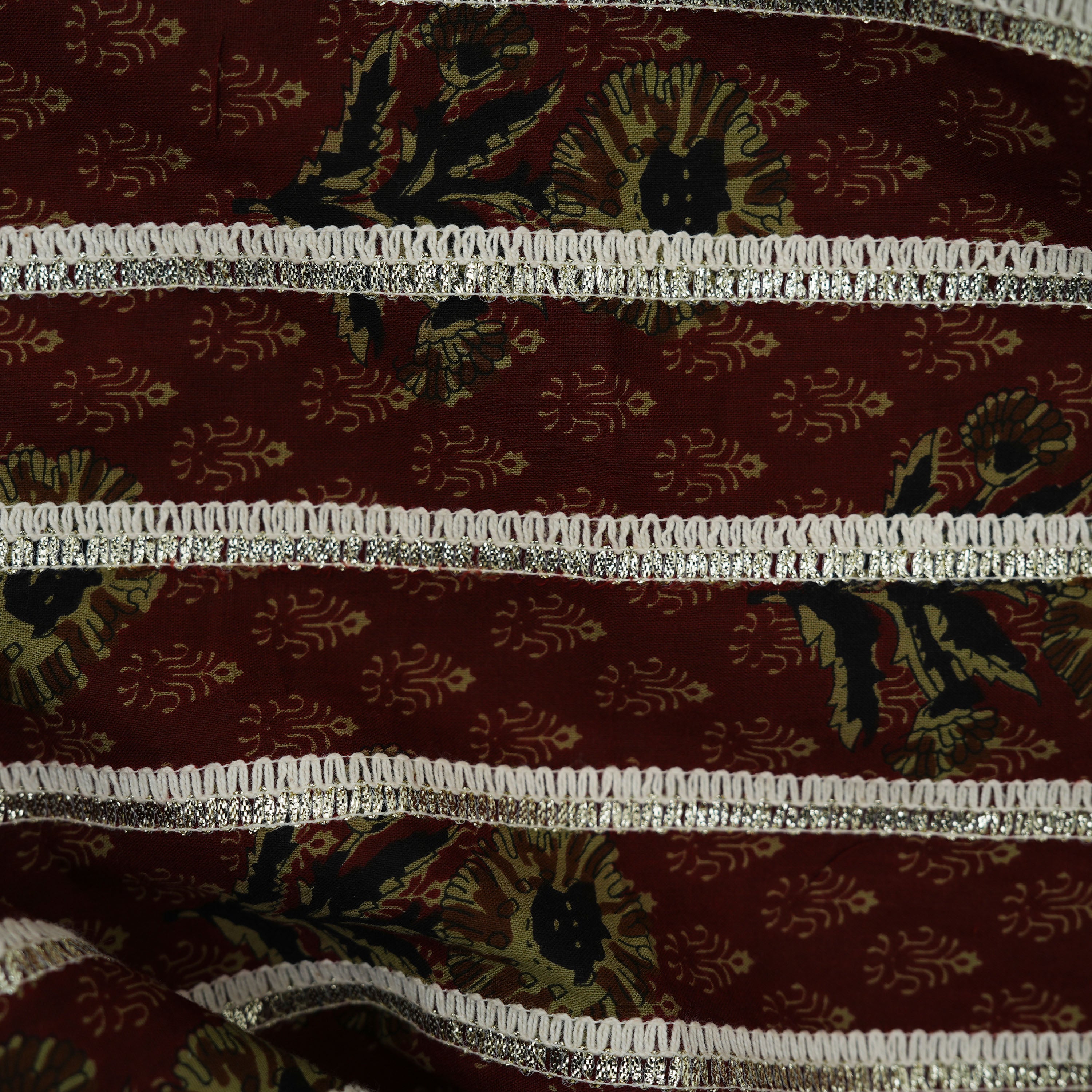 Cocoa Bean Brown Zari Embroidered Stripes Cotton Fabric