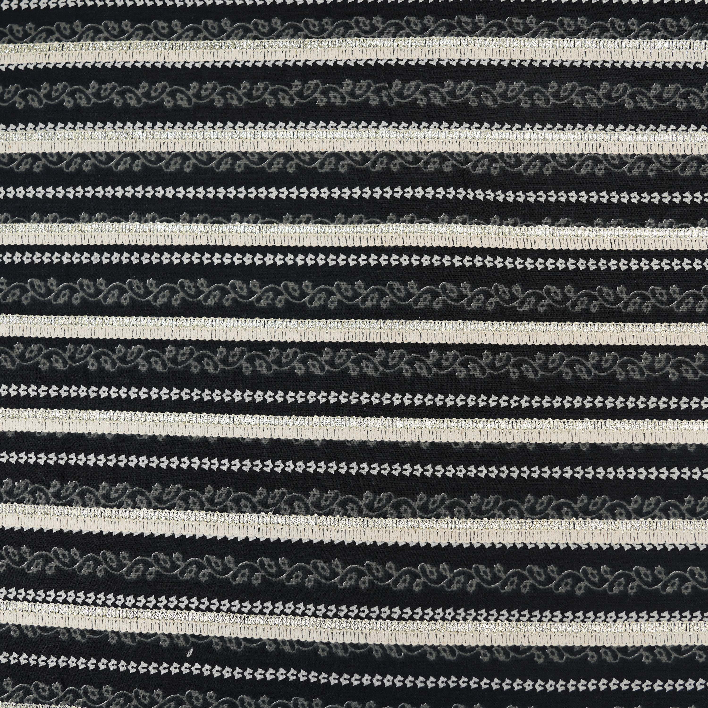 Ink Black Embroidered Stripes On Printed Cotton Fabric