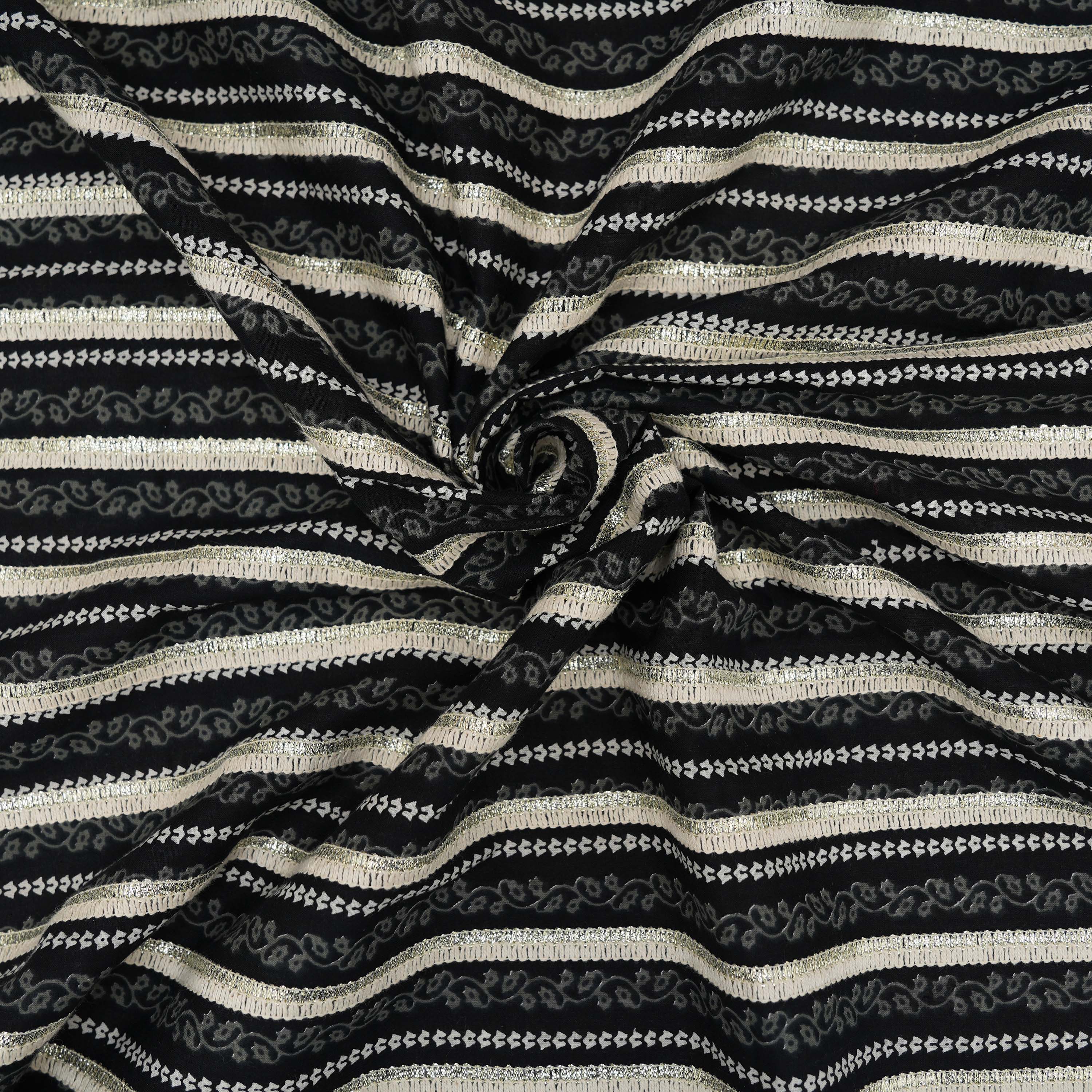 Ink Black Embroidered Stripes On Printed Cotton Fabric