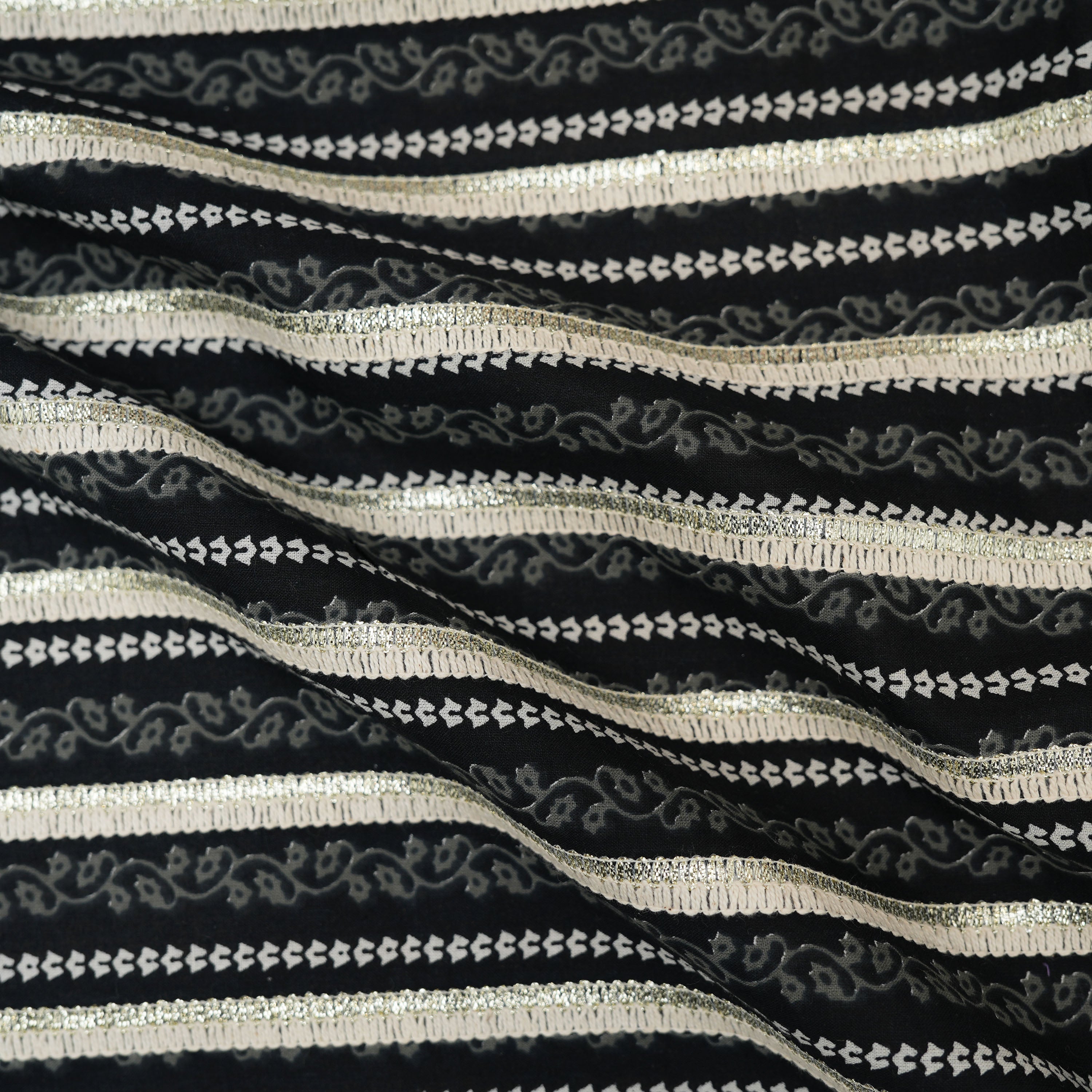 Ink Black Embroidered Stripes On Printed Cotton Fabric