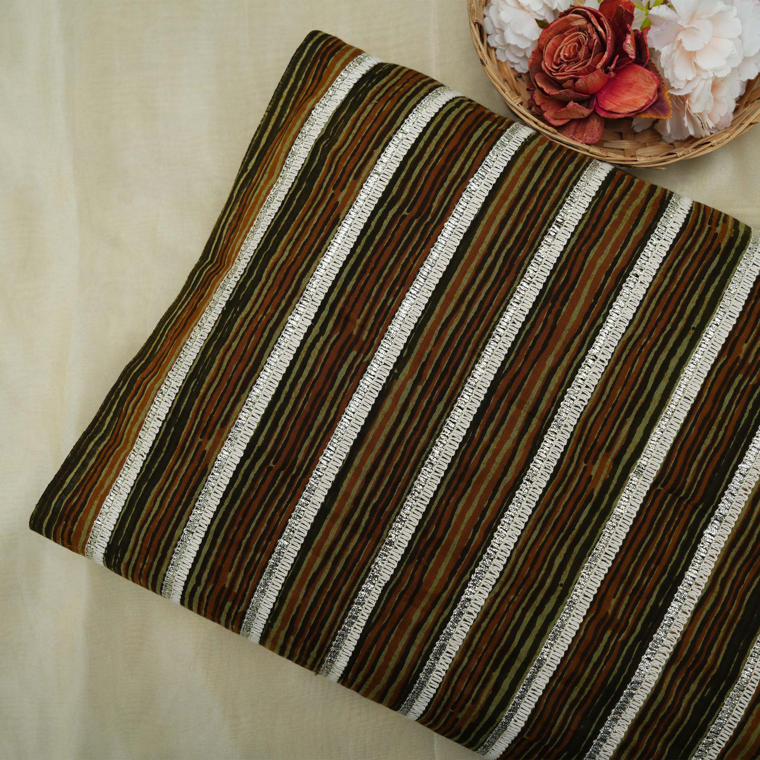Brown Black Zari Embroidered Stripes Cotton Fabric